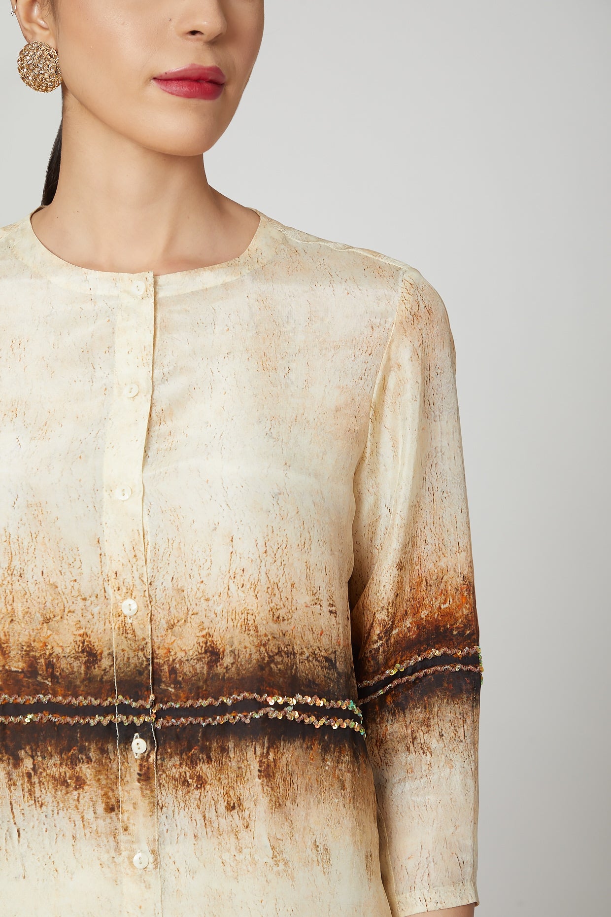 Beige & Brown Printed Tunic With Pants