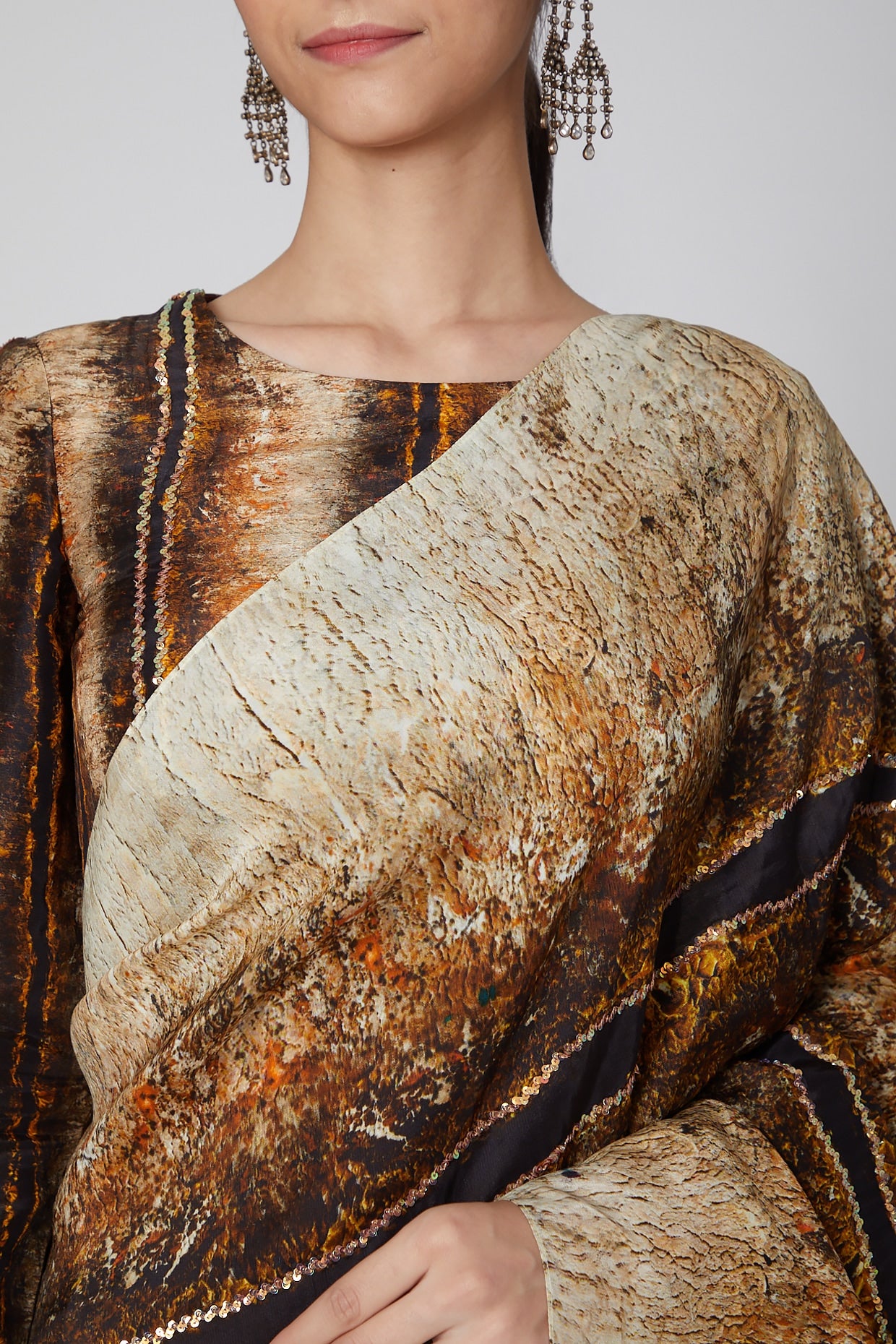 Brown Printed Saree Set