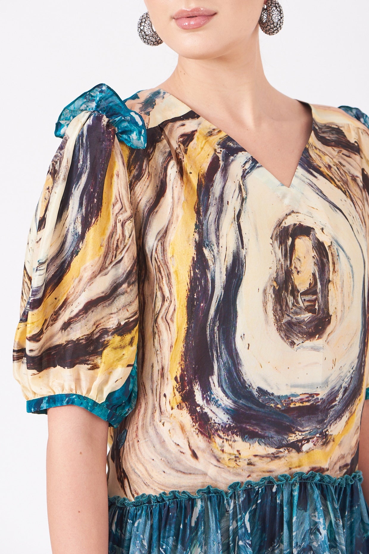 Pale Yellow And Blue Tunnel Print A-Line Dress