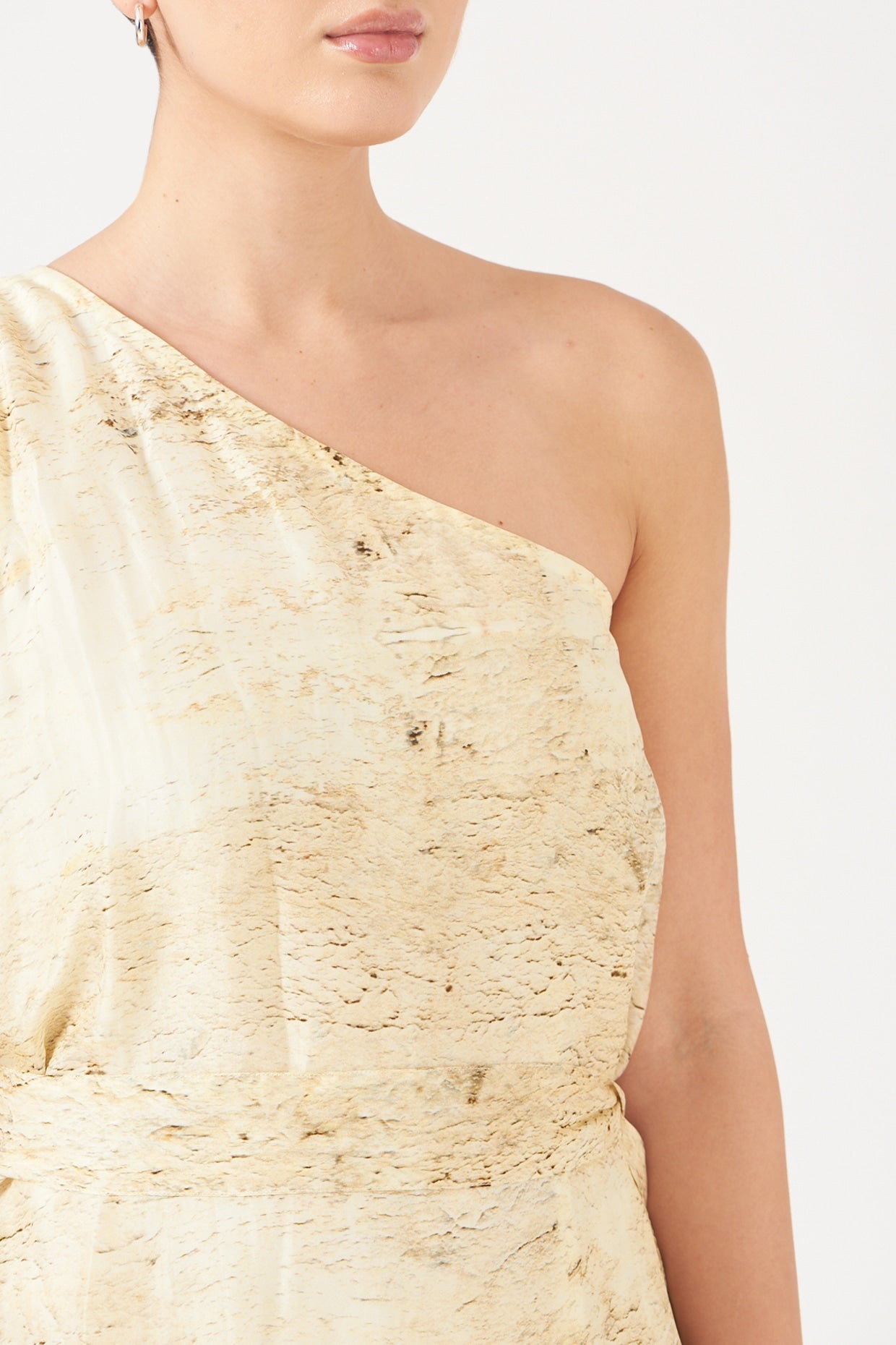 Beige And Gold Divine Print Short One Shoulder Dress