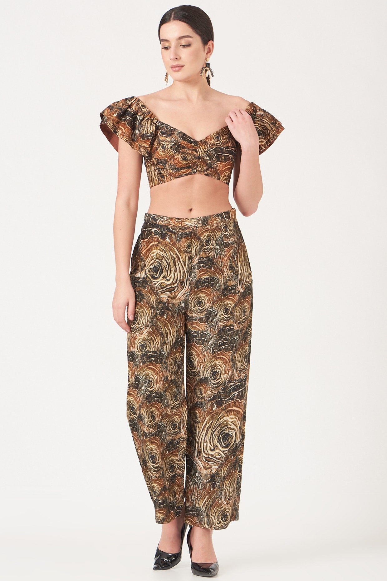 Brown And Gold Blackhole Print Crop Top And Pants Coord Set