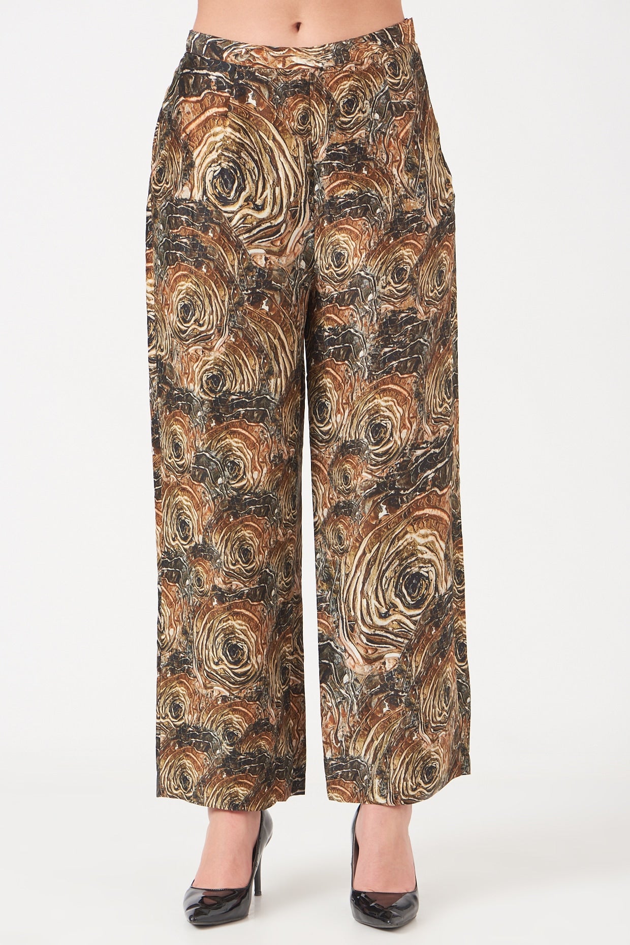 Brown And Gold Blackhole Print Crop Top And Pants Coord Set