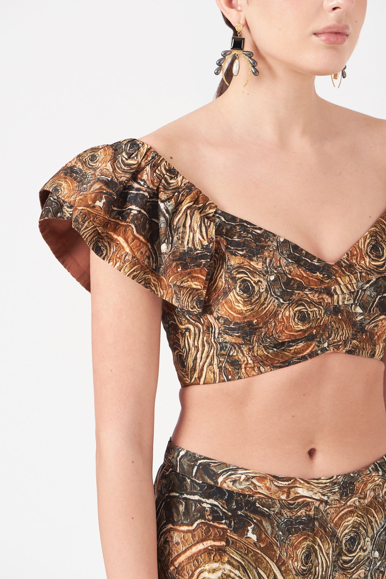 Brown And Gold Blackhole Print Crop Top And Pants Coord Set