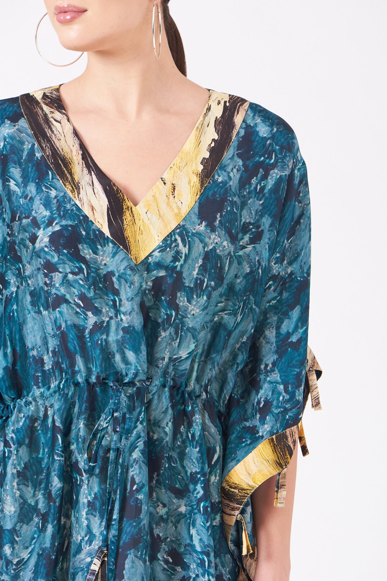 Pale Yellow And Blue Print Short Tunic Dress