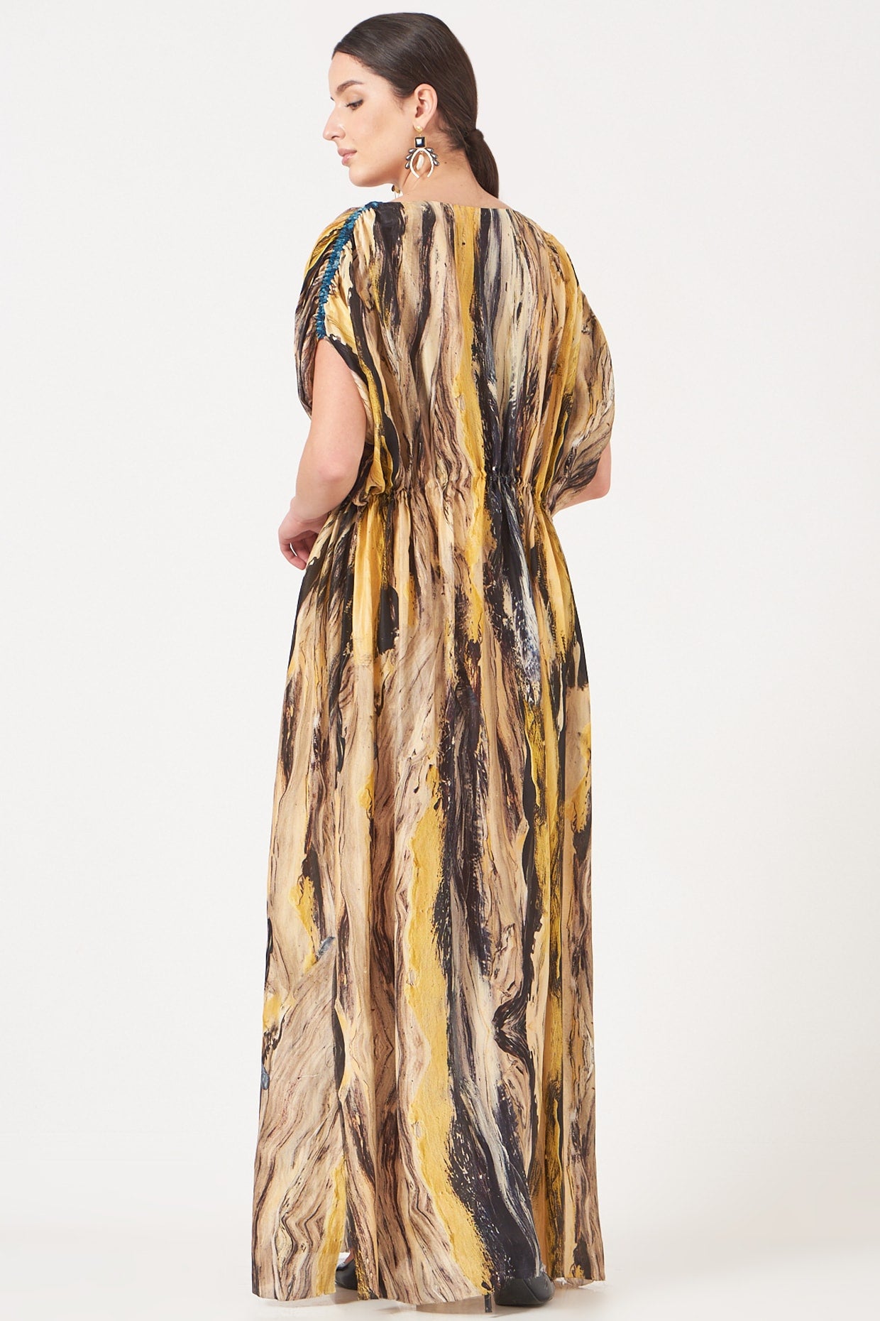 Yellow And Deep Blue Maya Print Kaftan Long Dress