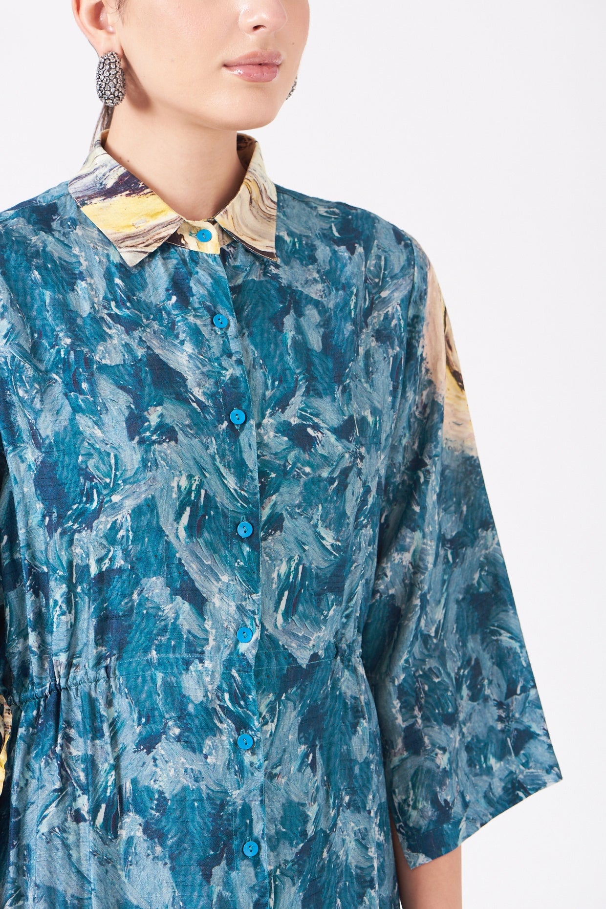 Pale Yellow And Blue Tunnel Print Short Tunic Dress