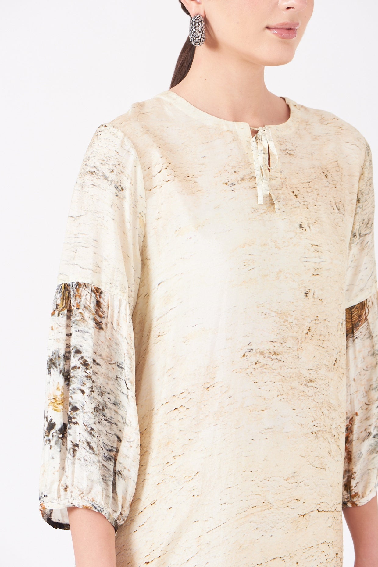 Beige And Gold Divine Print Long Tunic Dress