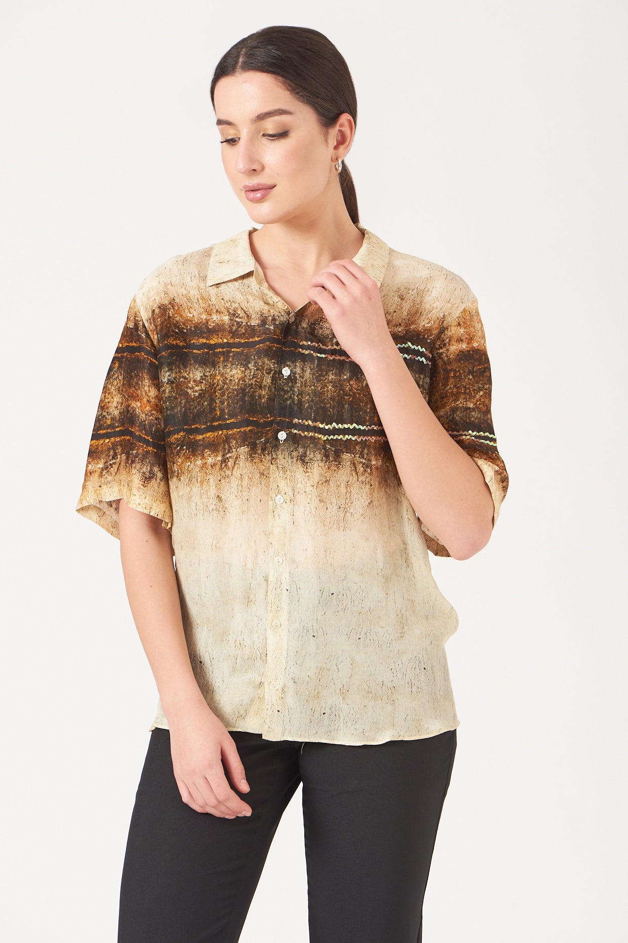 Beige And Gold Scar Print Loose Shirt