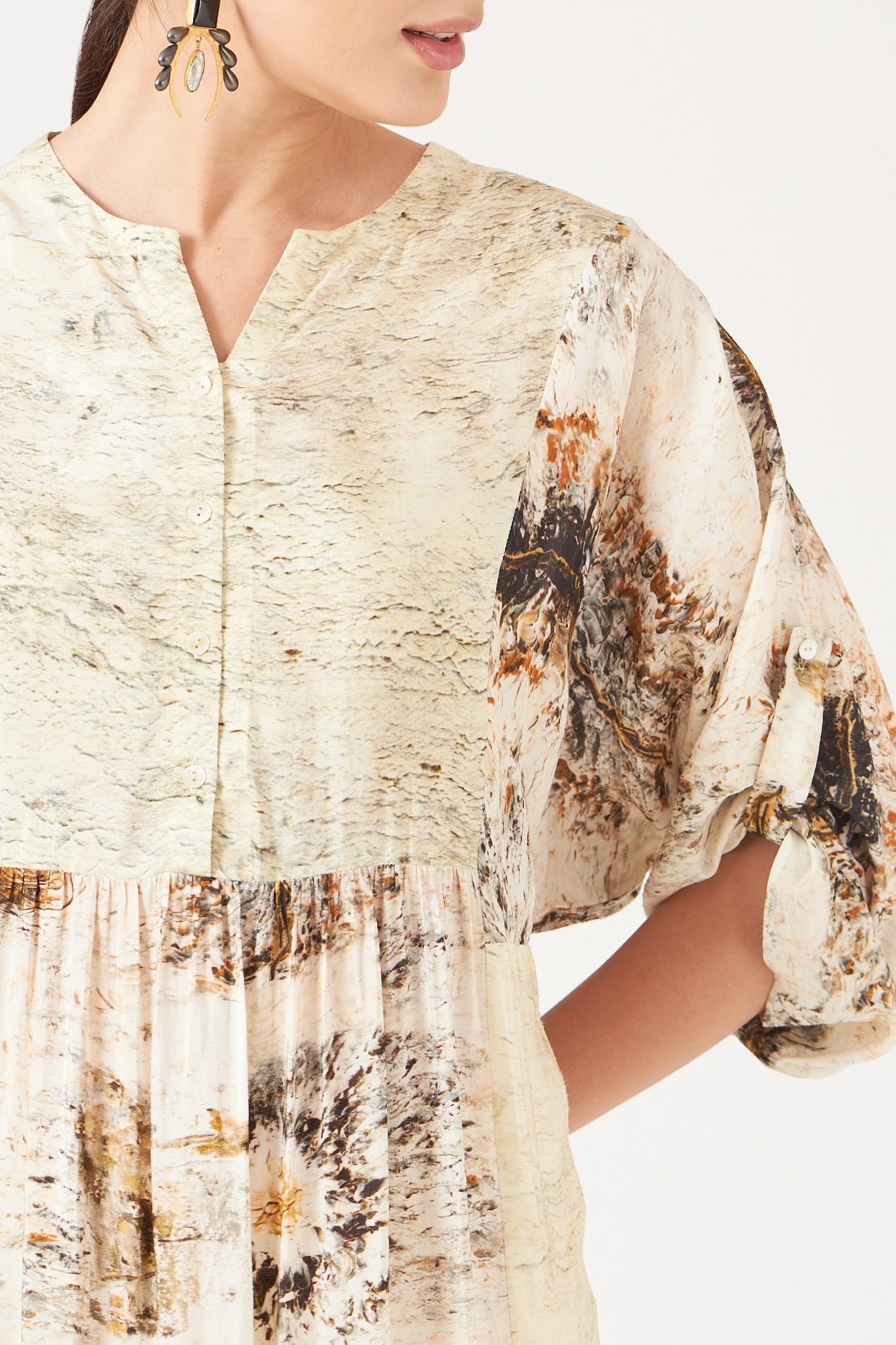 Beige And Gold Divine Print Long Tunic Dress