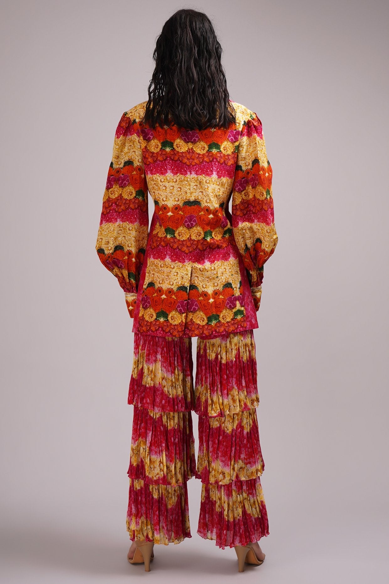 Scoop Neck Bustier Blouse Light Sharara Set Paired With A Stylised Jacket.