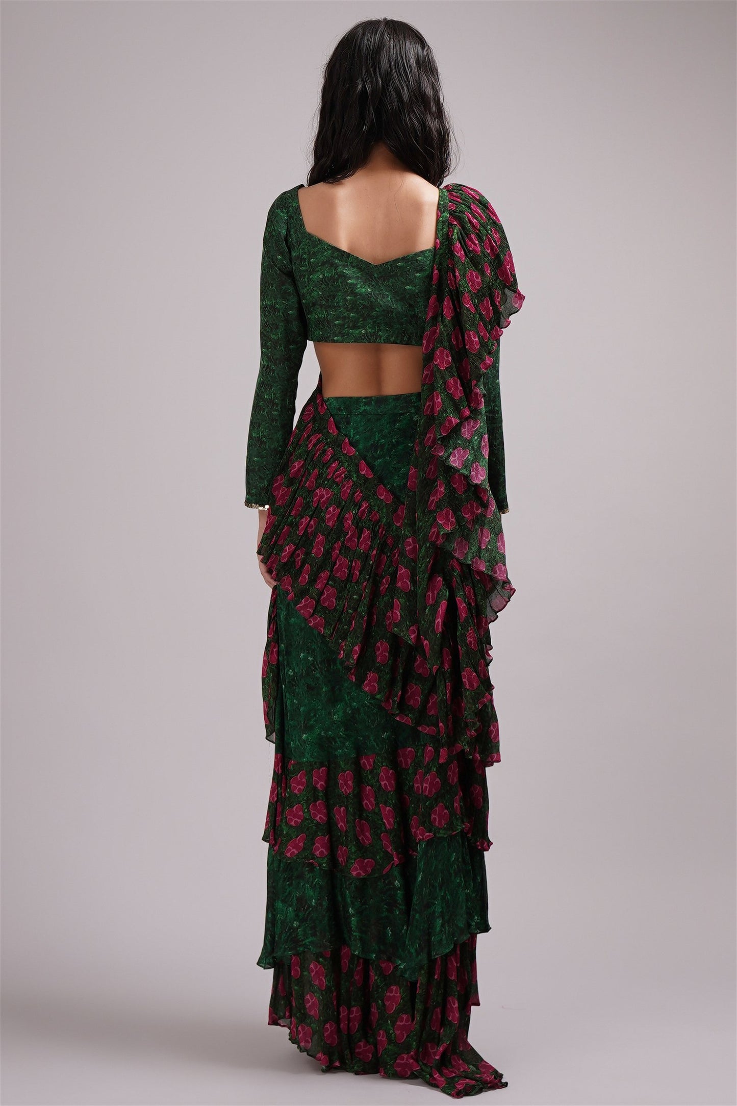 Deep V Neck Blouse Ruffled Saree Set