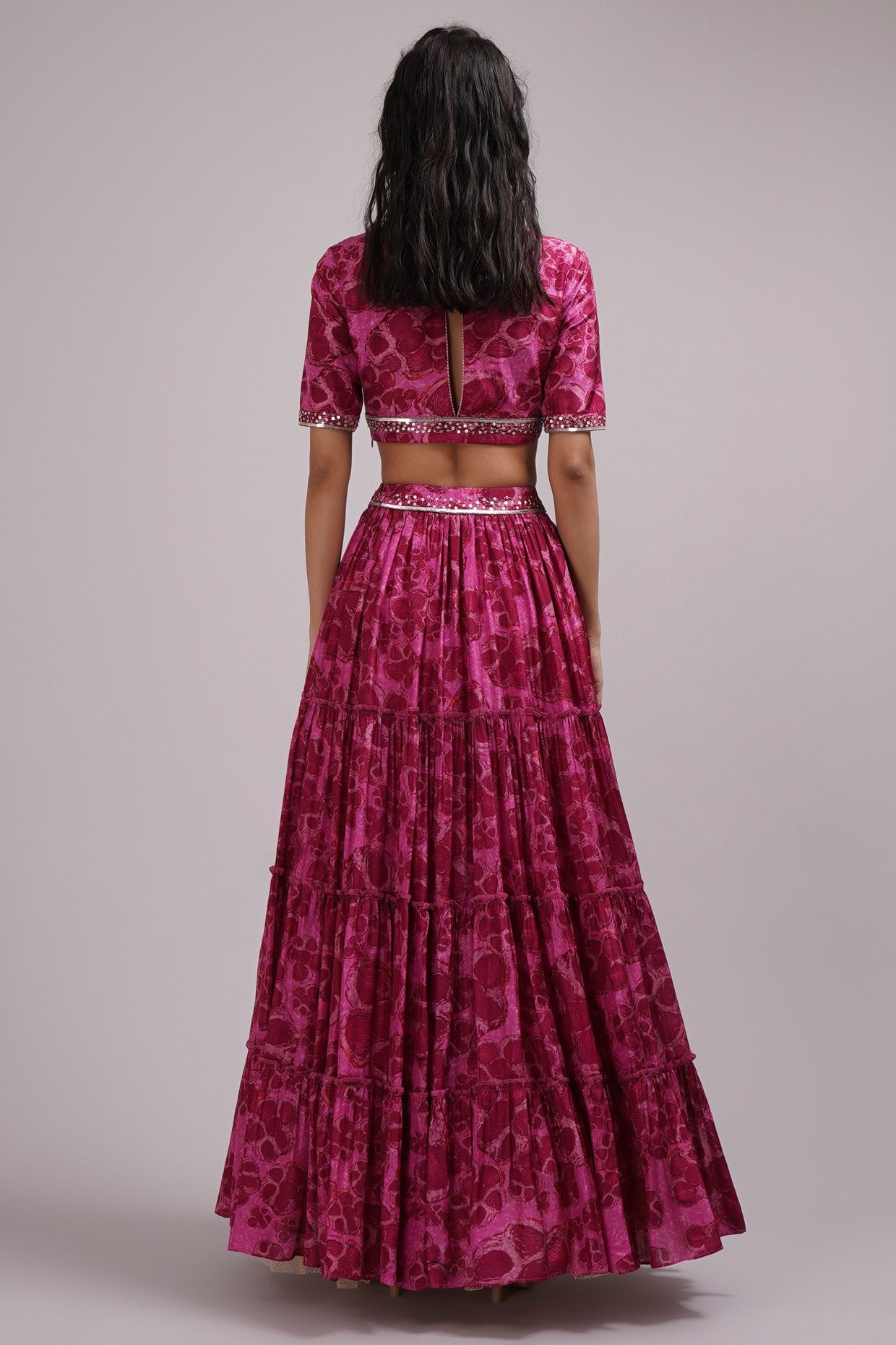 Purple Pink Deep Neck Blouse And Lehenga Set