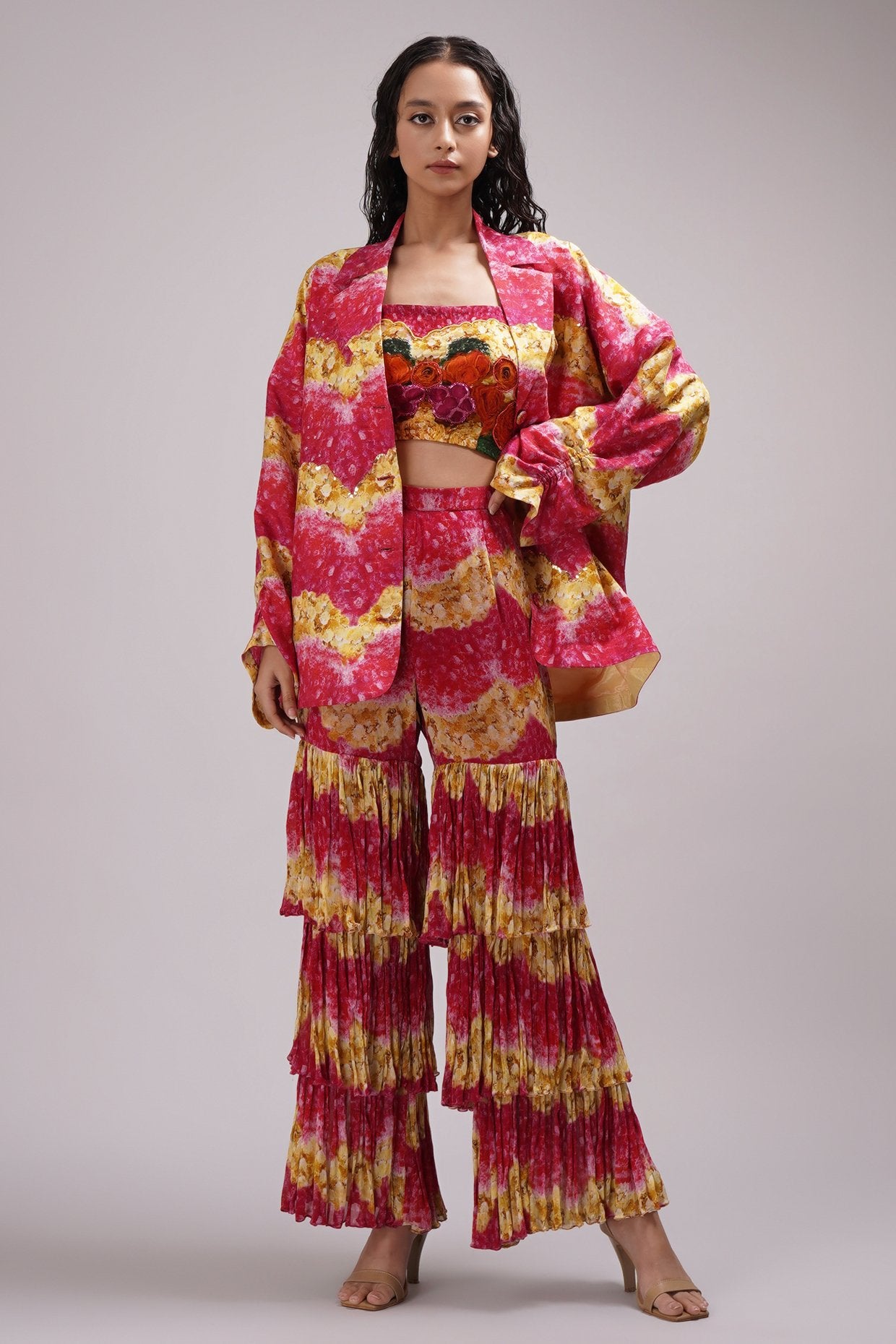 Scoop Neck Bustier Light Sharara Set Paired With A Stylised Jacket.