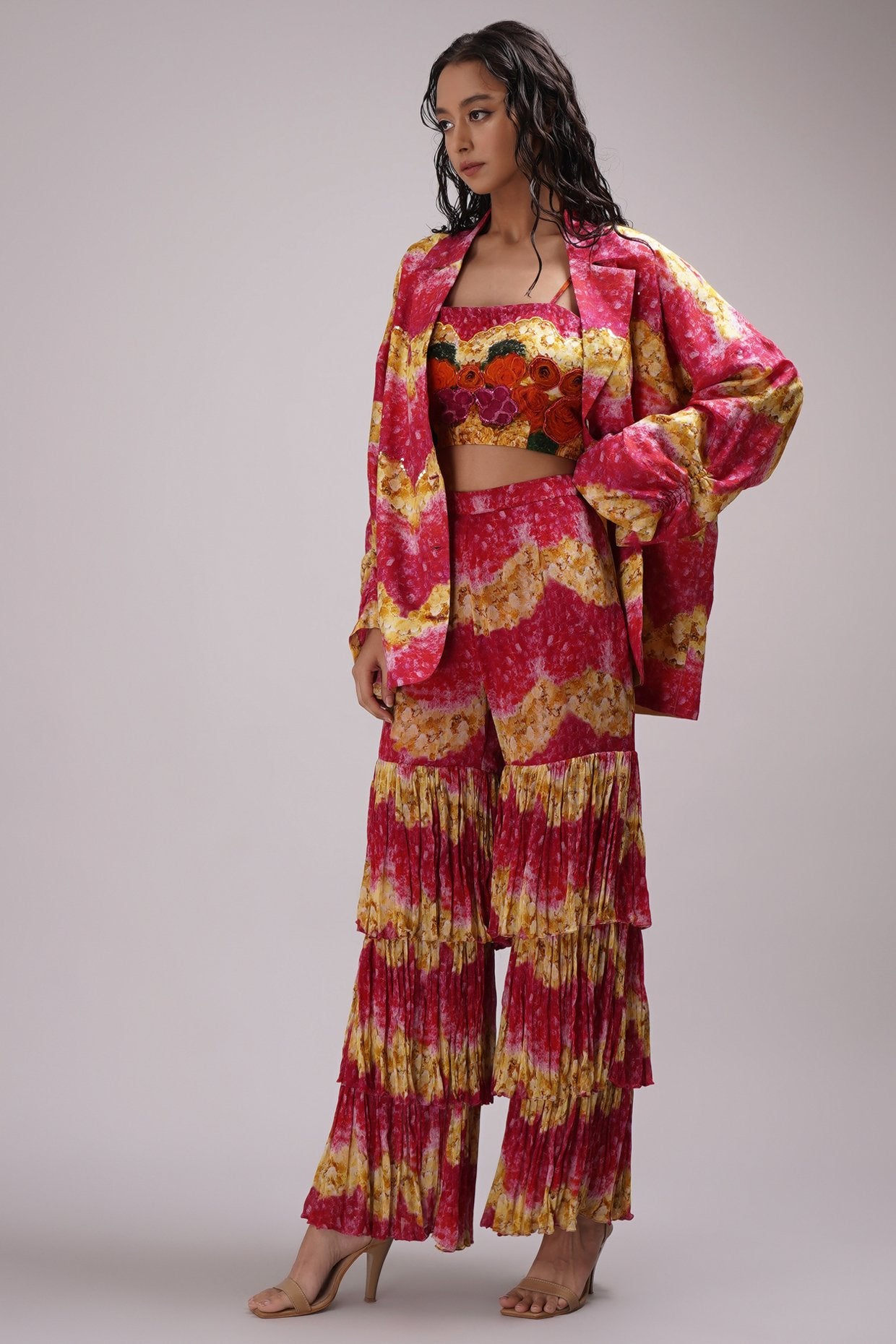 Scoop Neck Bustier Light Sharara Set Paired With A Stylised Jacket.