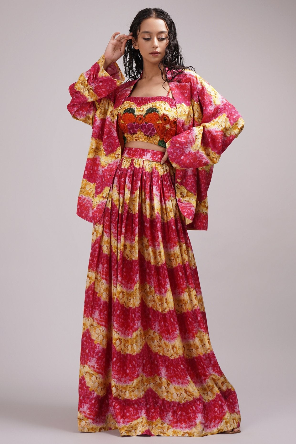 Square Neck Bustier Blouse Light Lehanga Set Paired With A Stylised Jacket.