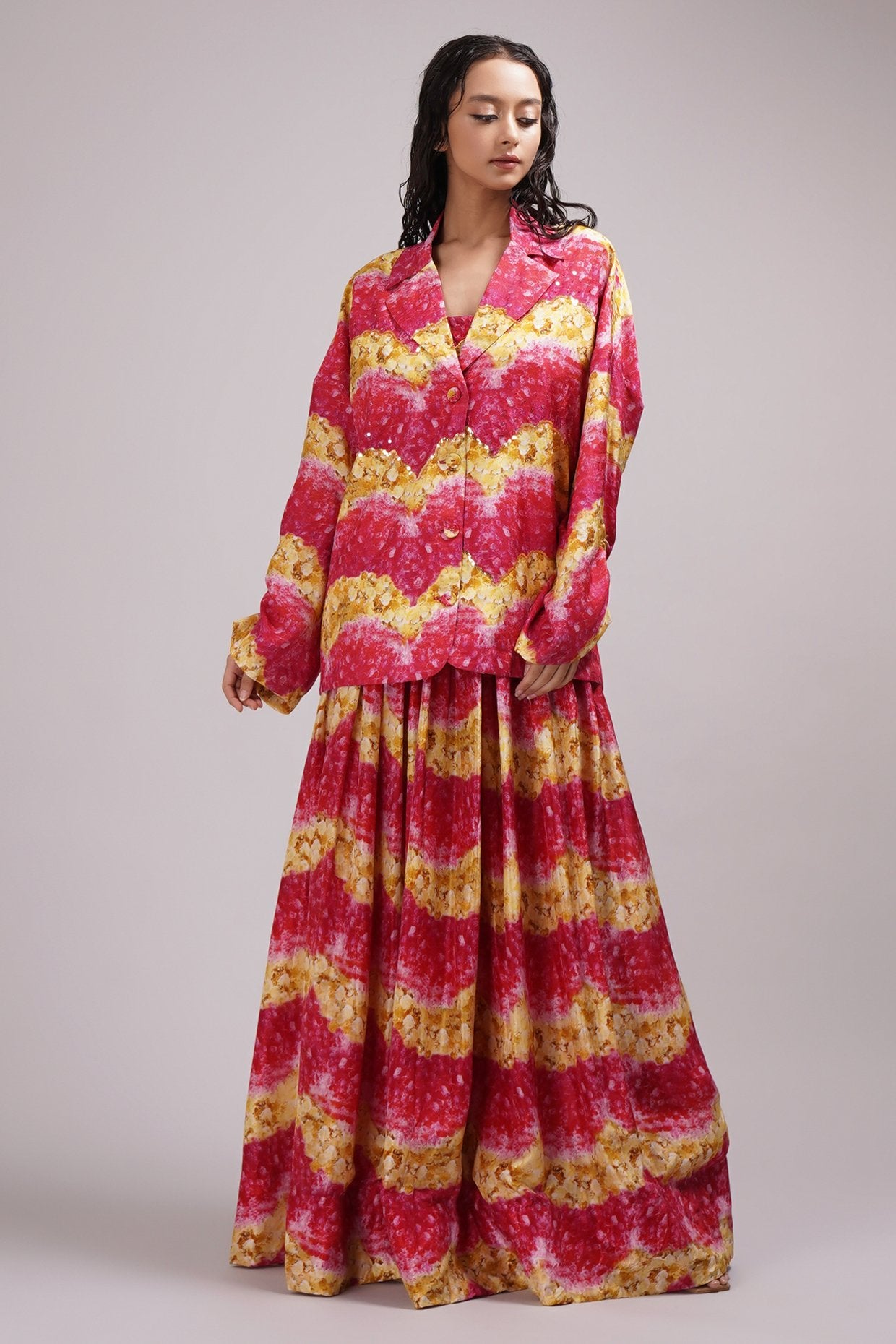 Square Neck Bustier Blouse Light Lehanga Set Paired With A Stylised Jacket.