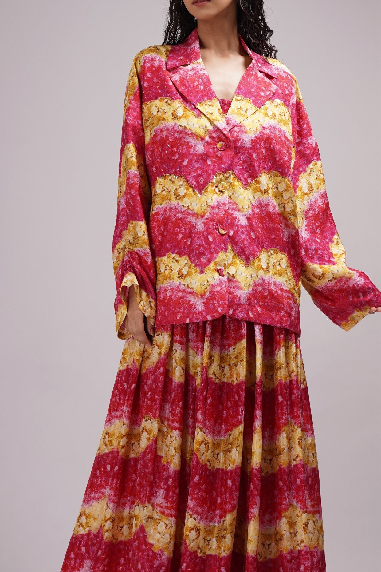 Square Neck Bustier Blouse Light Lehanga Set Paired With A Stylised Jacket.