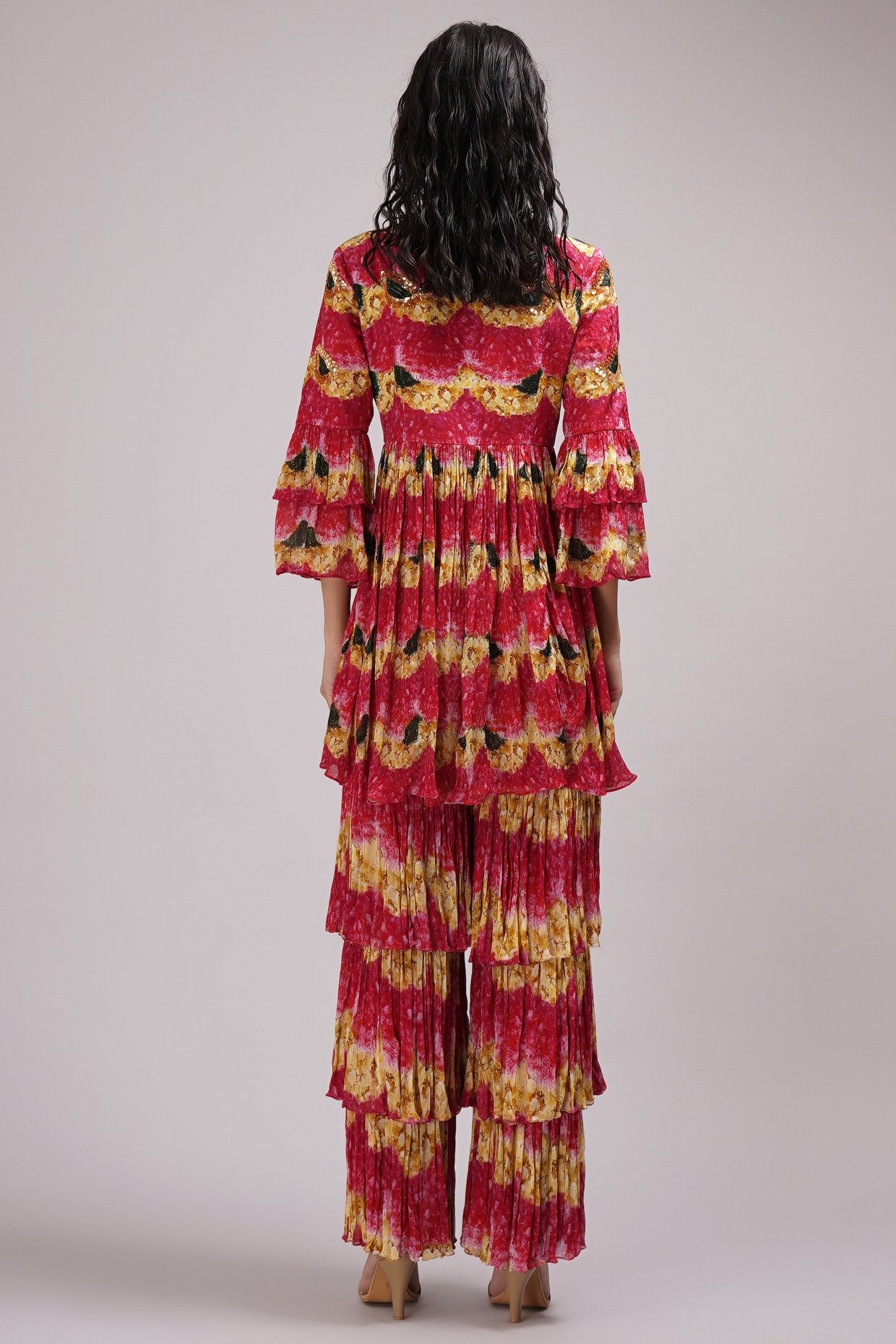 V-Neck Frilly Short Kurta And Sharara Set