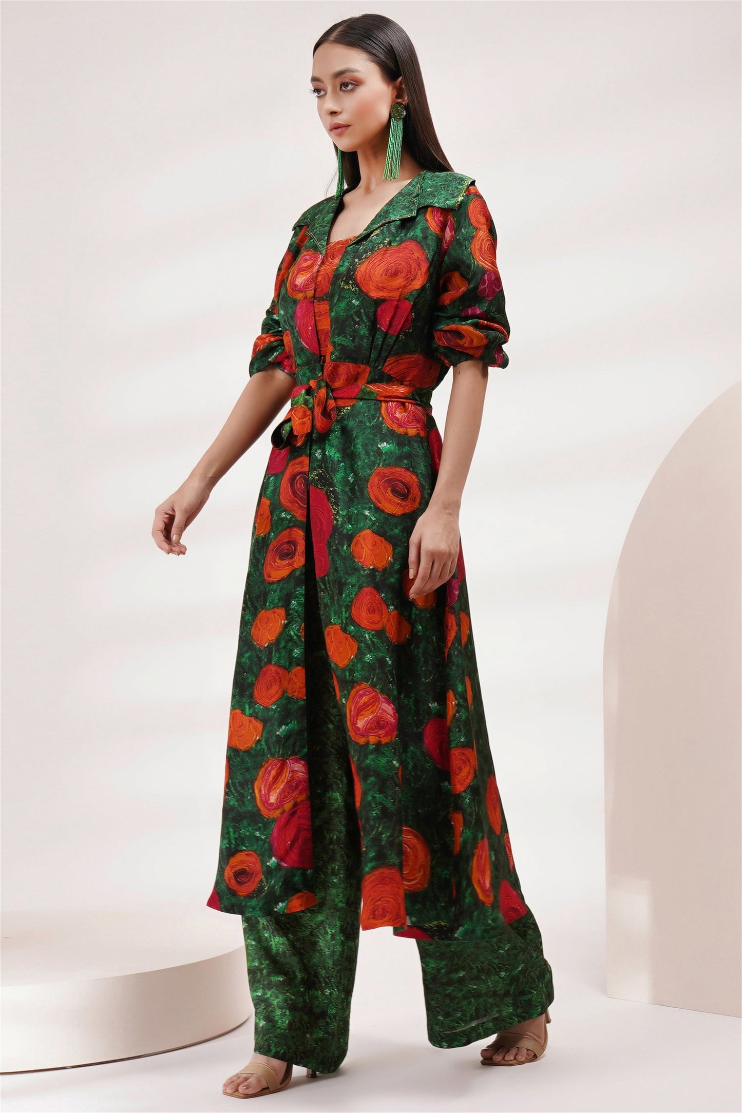 Flab Collar Long Jacket Style With Bustier And Pants
