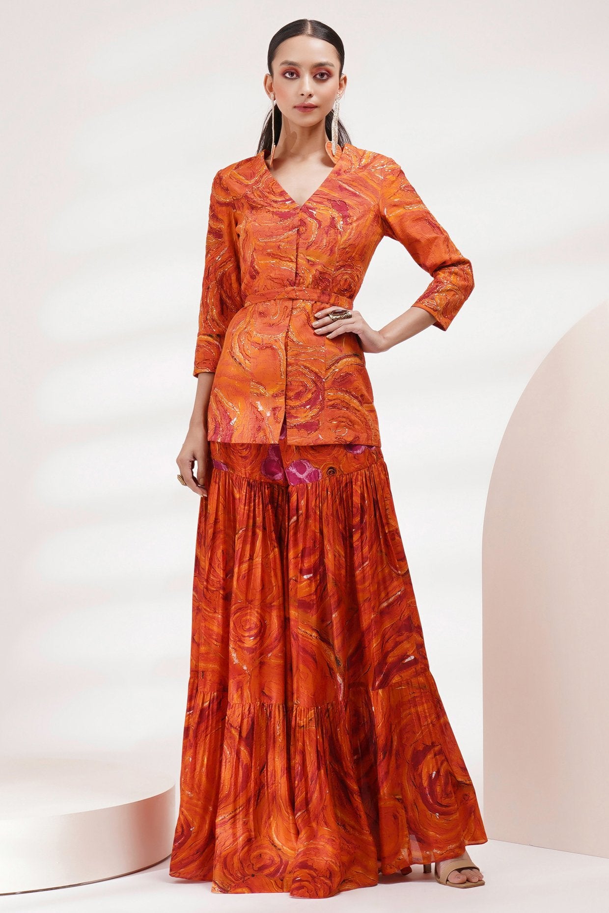 V-Neck Jacket Sharara Set With Belt