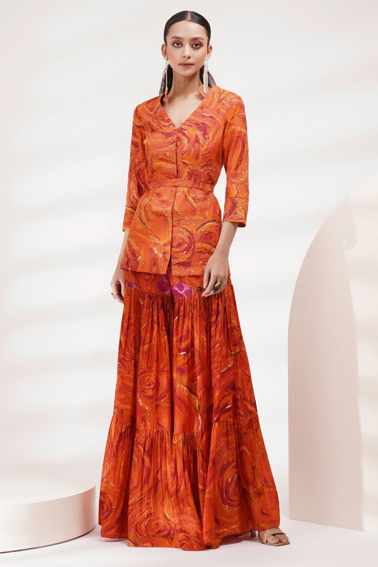 V-Neck Jacket Sharara Set With Belt