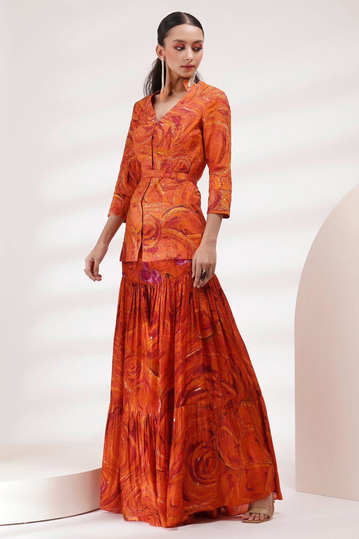 V-Neck Jacket Sharara Set With Belt