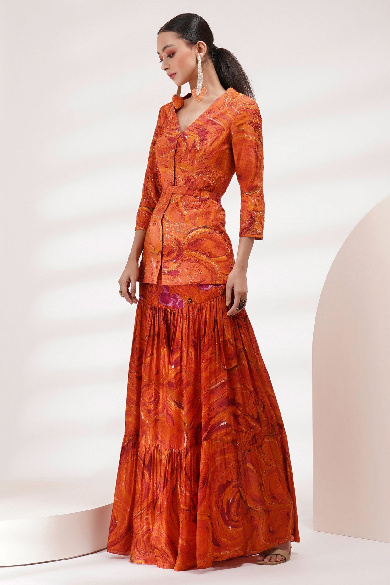 V-Neck Jacket Sharara Set With Belt