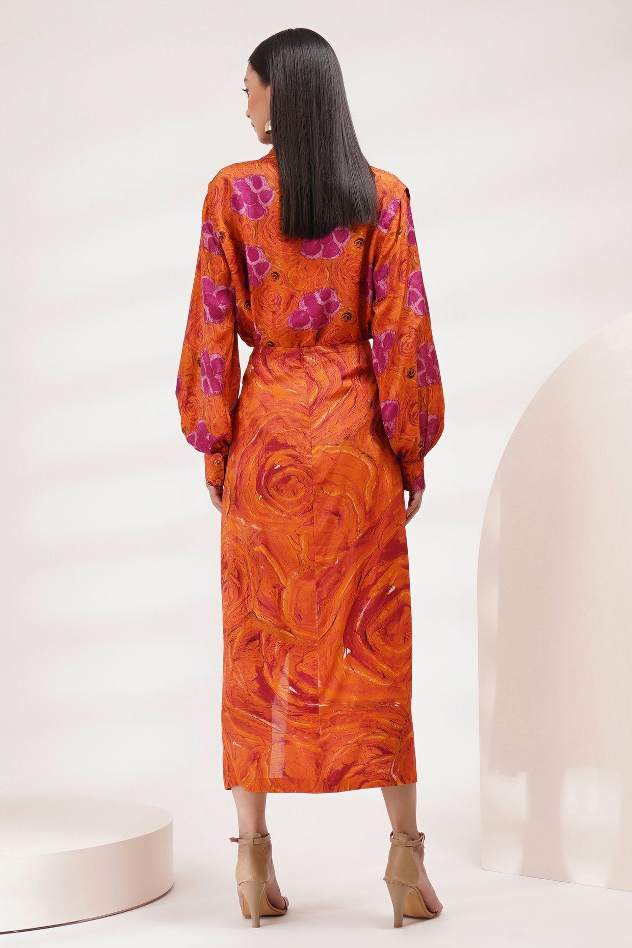 V Neck Shirt Style Top With Slit Drape Skirt Set