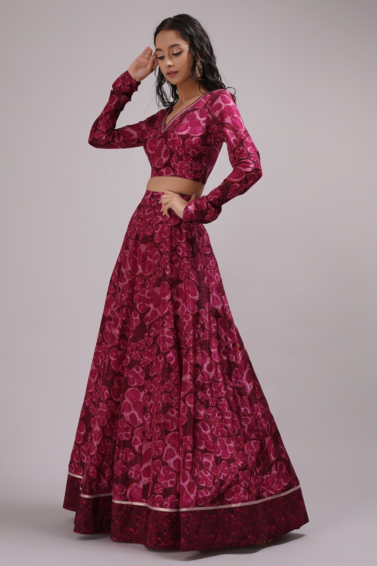 V Neck Full Sleeve Blouse Lehenga Set