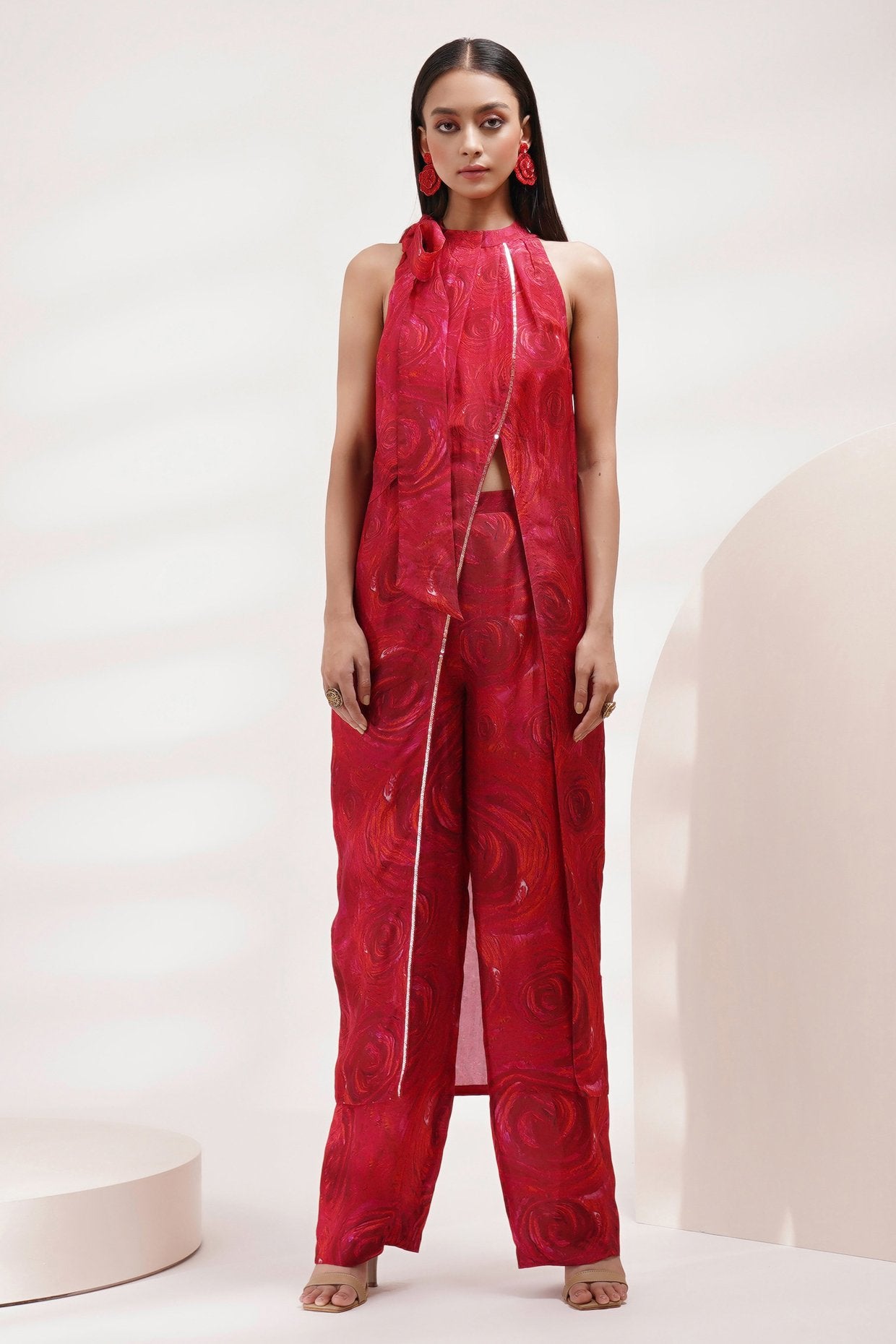 Tie Up Neck Overlap Tunic And Pant Coord Set