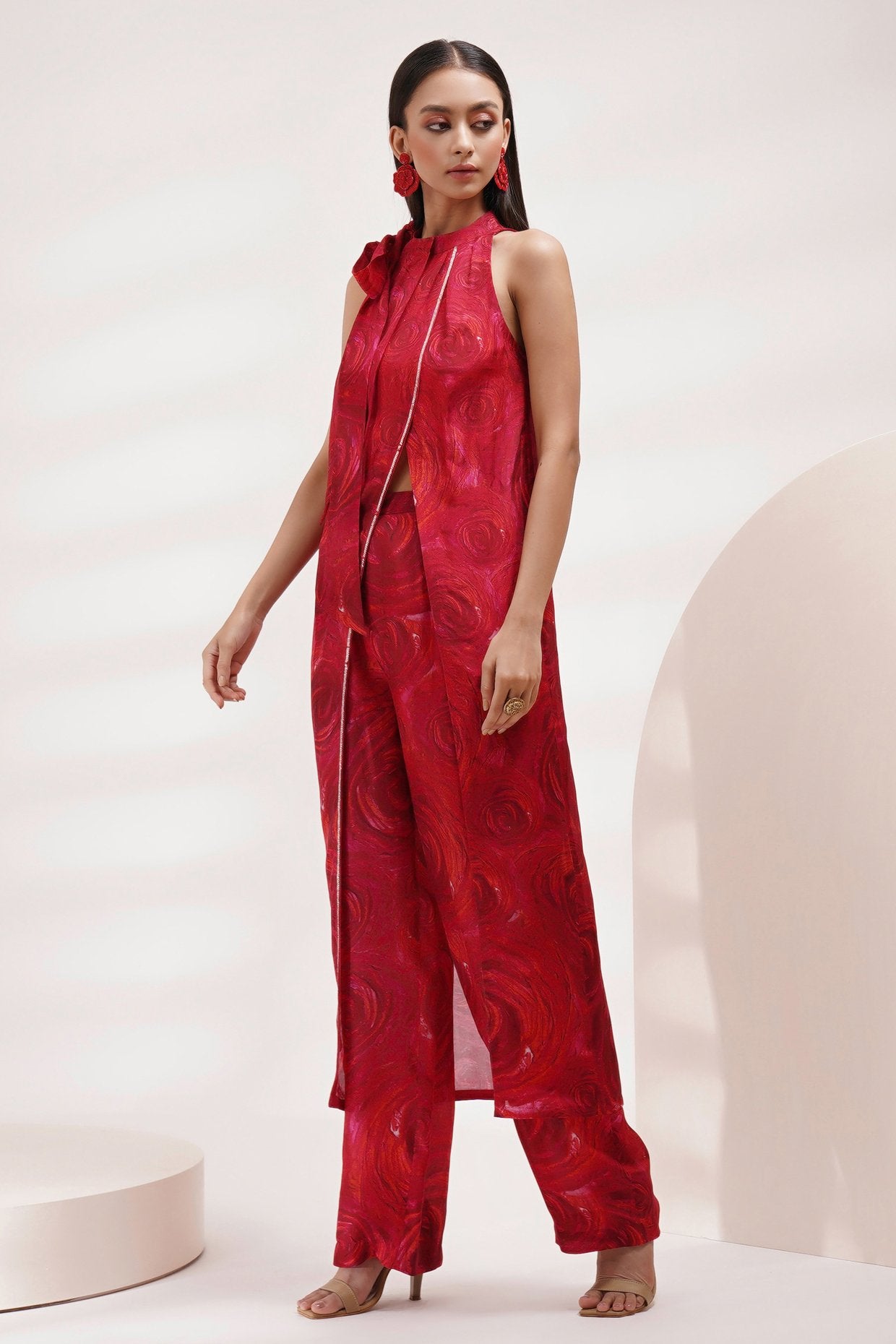 Tie Up Neck Overlap Tunic And Pant Coord Set