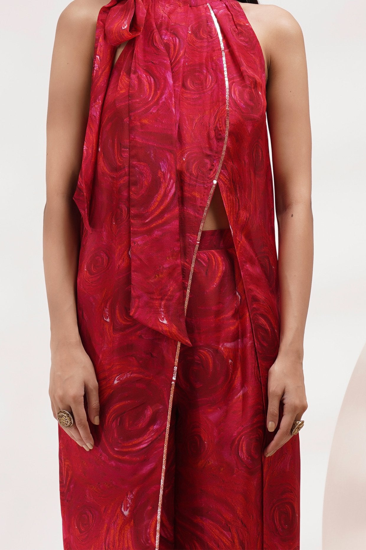 Tie Up Neck Overlap Tunic And Pant Coord Set