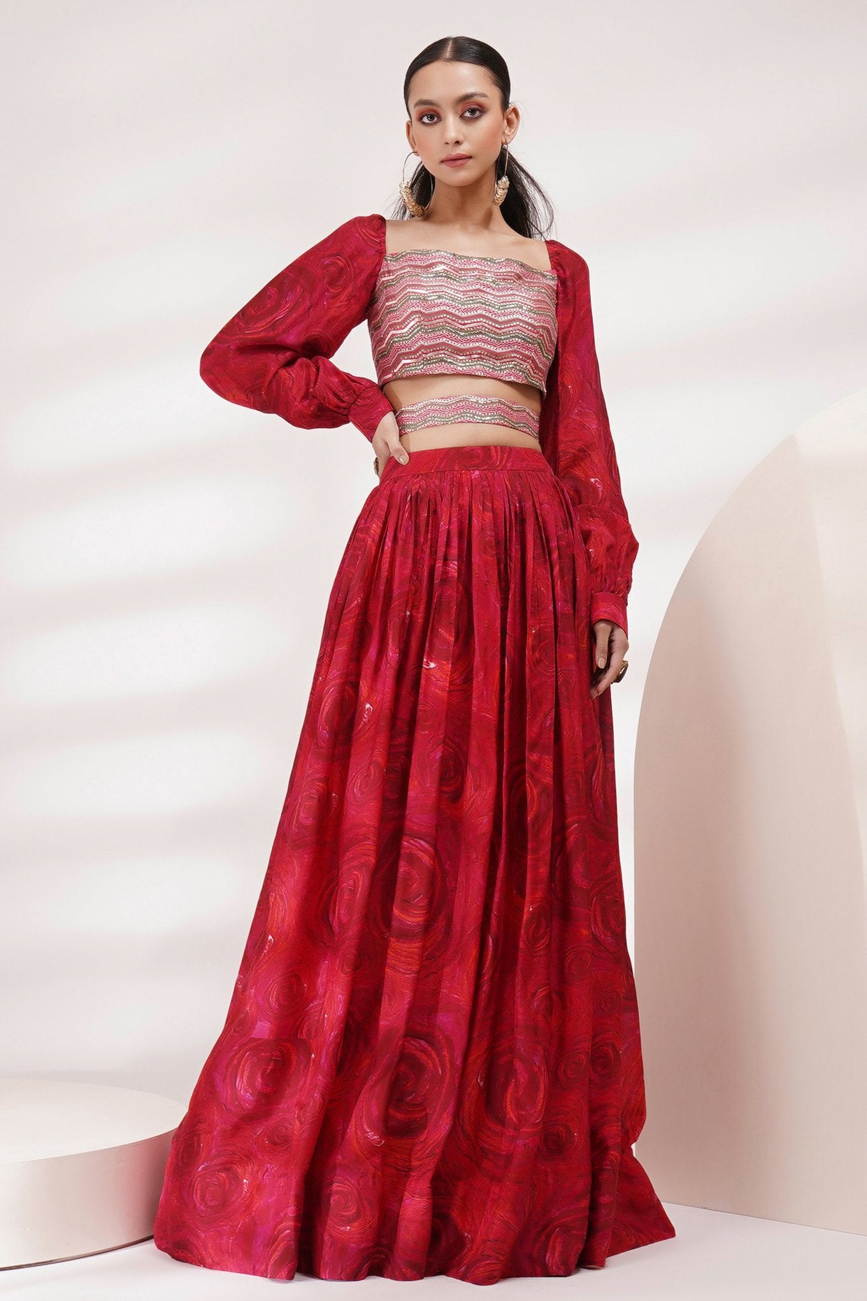 Cuffed Volume Sleeve Blouse Lehenga Set With Belt