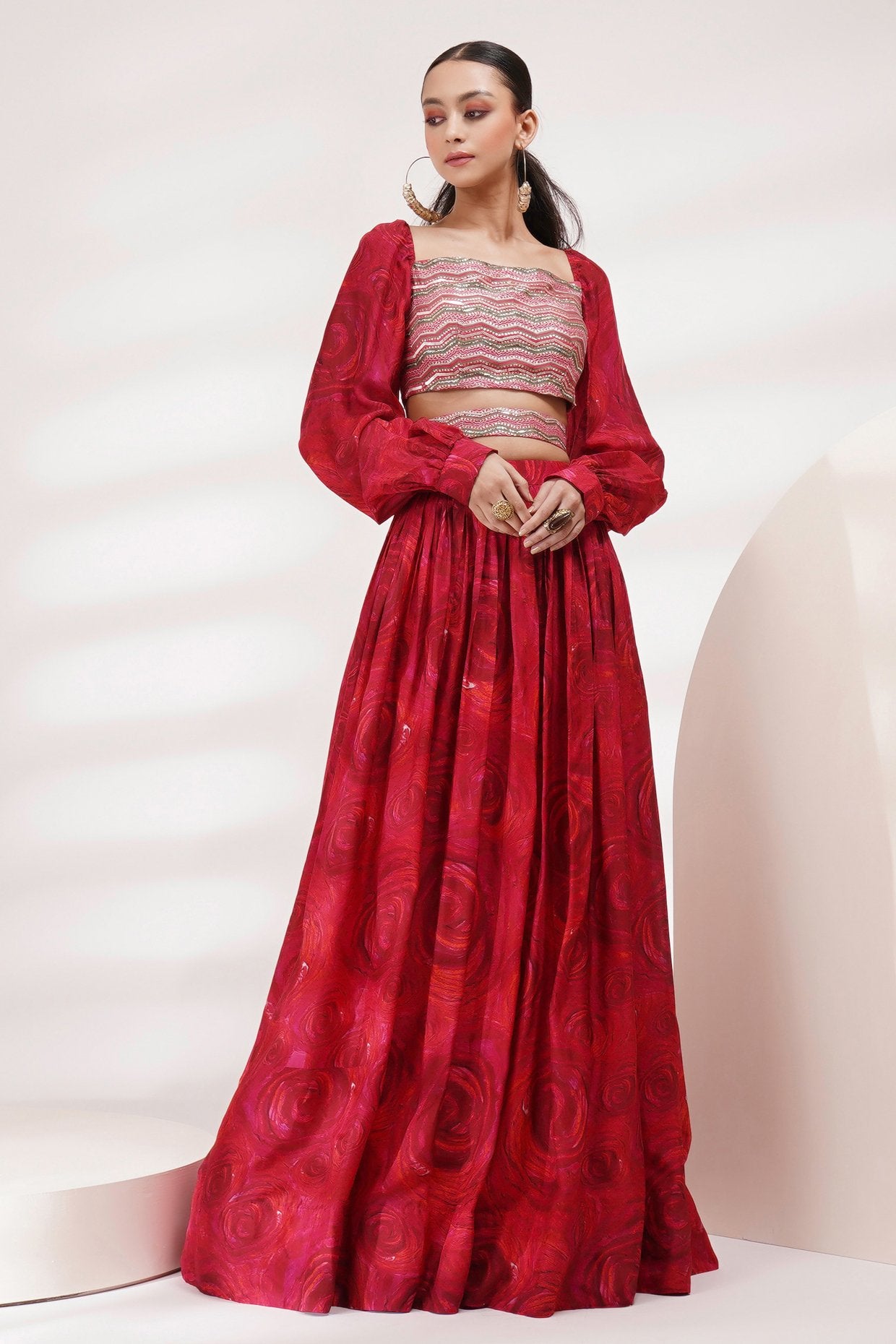 Cuffed Volume Sleeve Blouse Lehenga Set With Belt