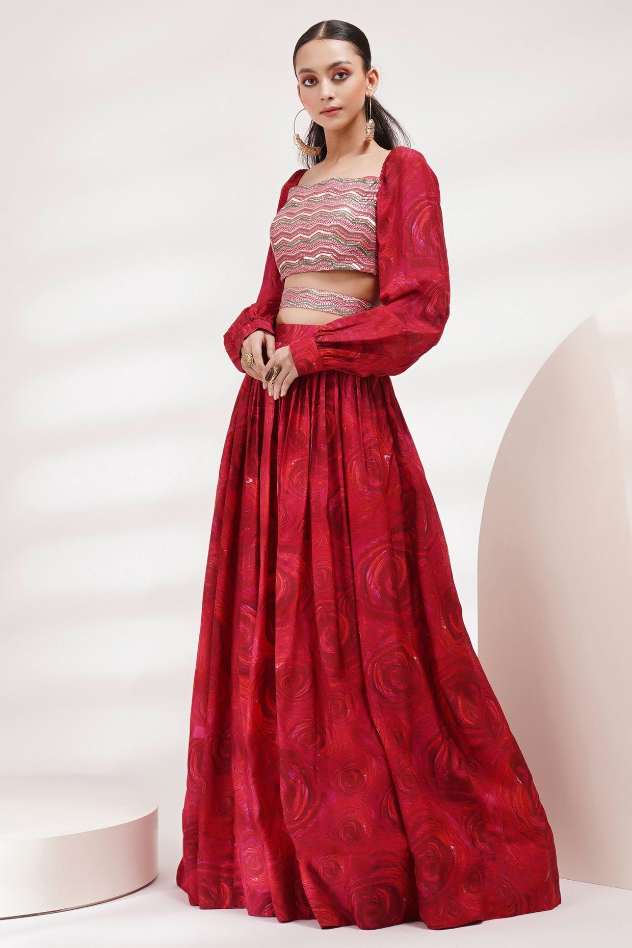 Cuffed Volume Sleeve Blouse Lehenga Set With Belt