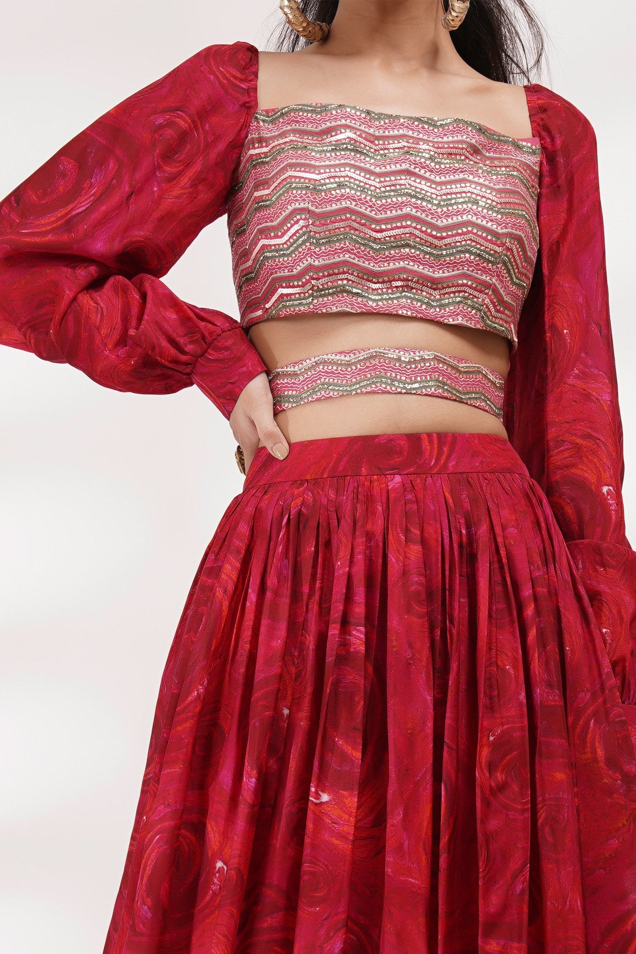 Cuffed Volume Sleeve Blouse Lehenga Set With Belt