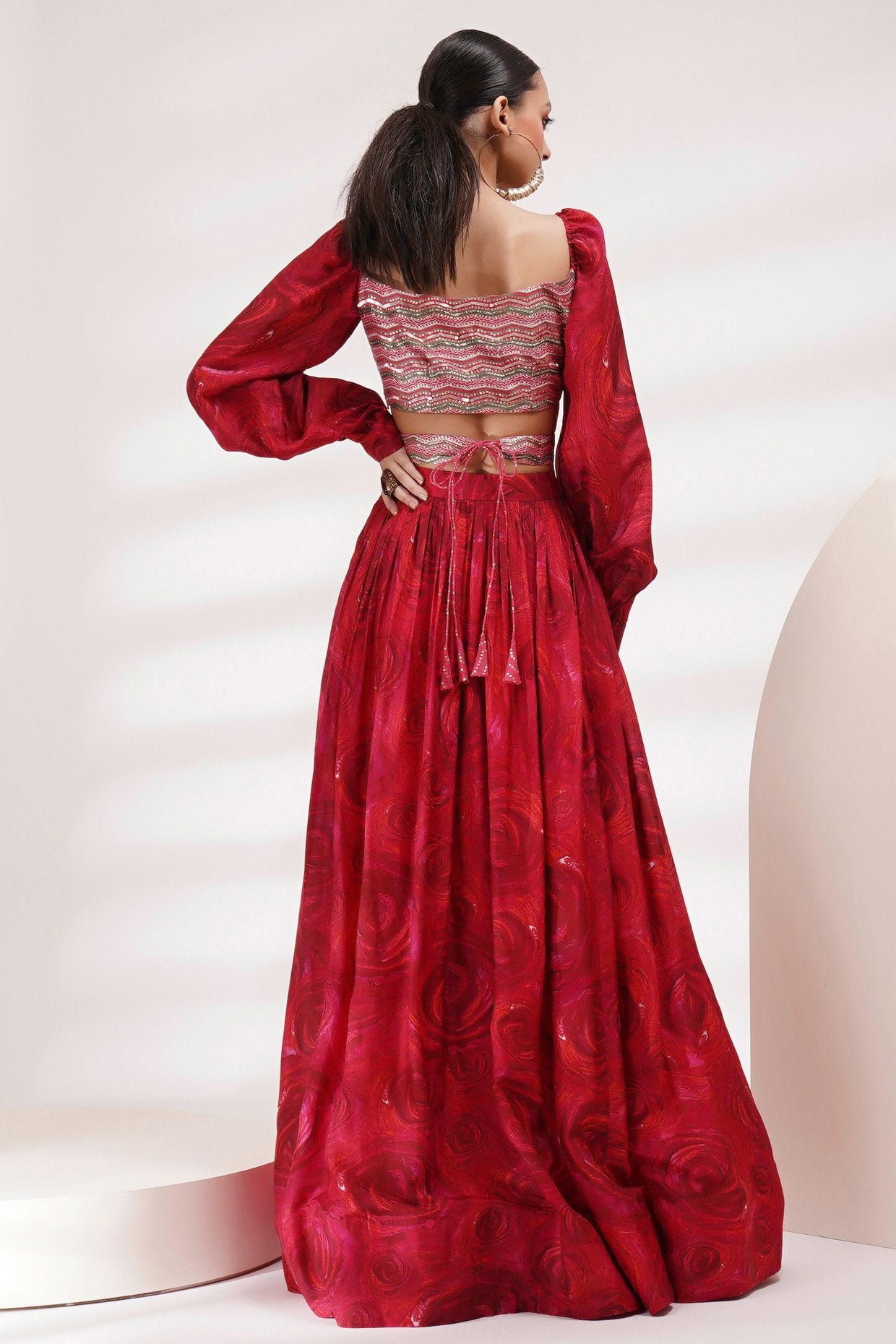 Cuffed Volume Sleeve Blouse Lehenga Set With Belt