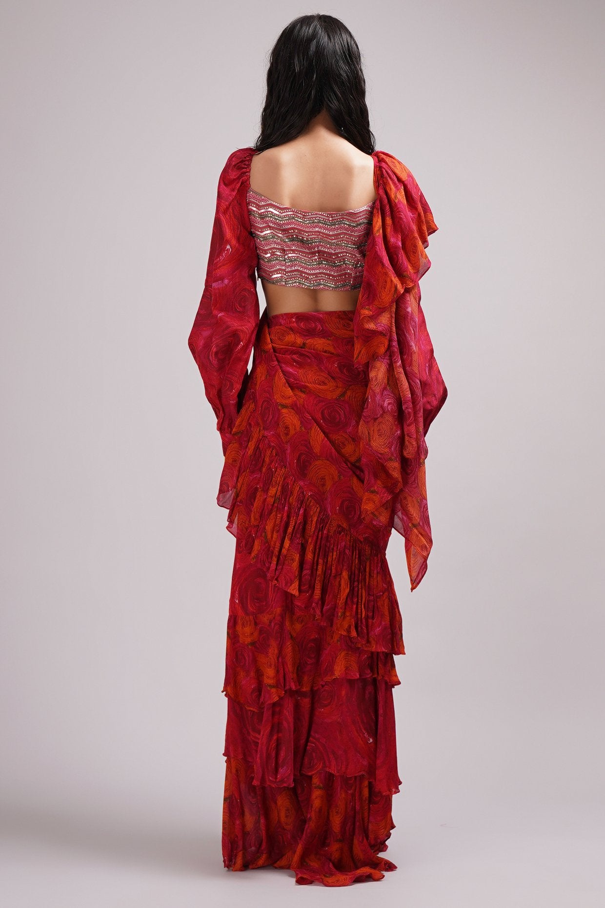 Square Neck Cuffed Volume Sleeve Blouse Draped Ruffle Saree