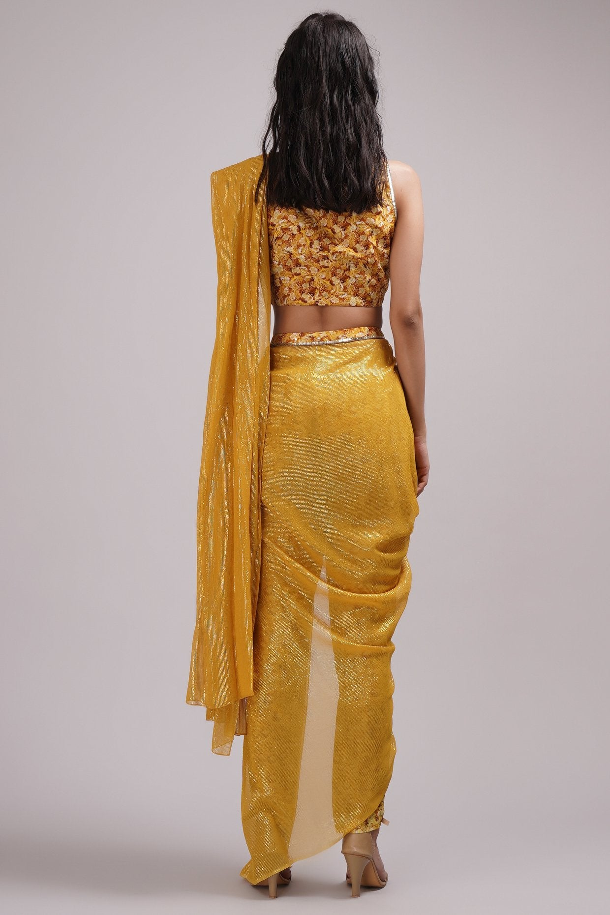 Fusion Style Boat Neck Blouse Pant Cowl Saree Set