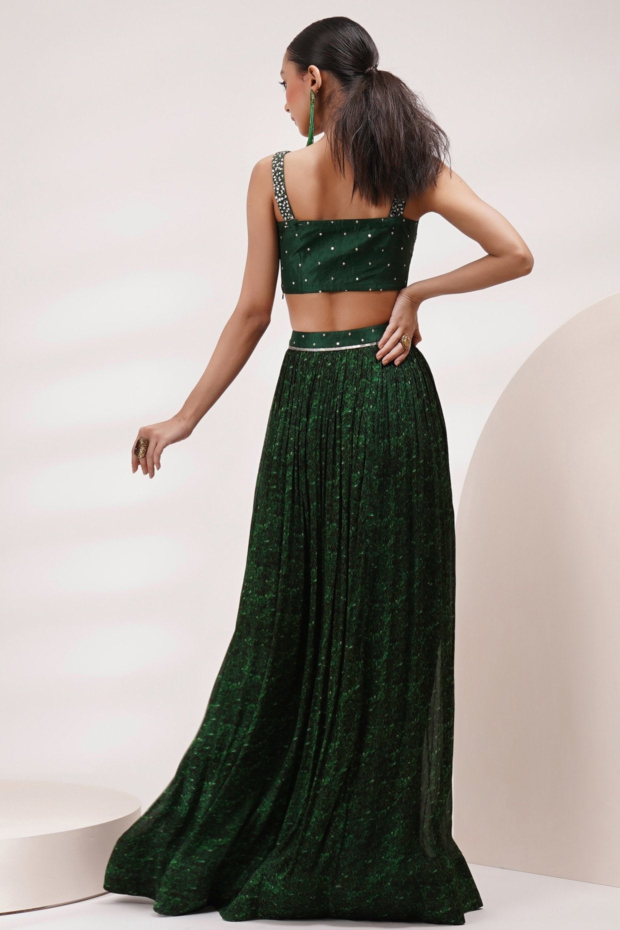 Deep Round Neck Blouse Lehenga Set.