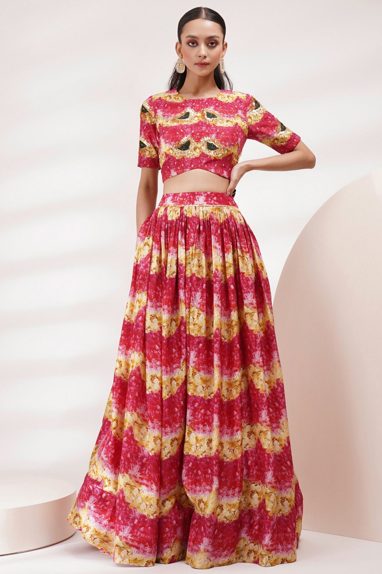 Round Neck Top Blouse Skirt Set.