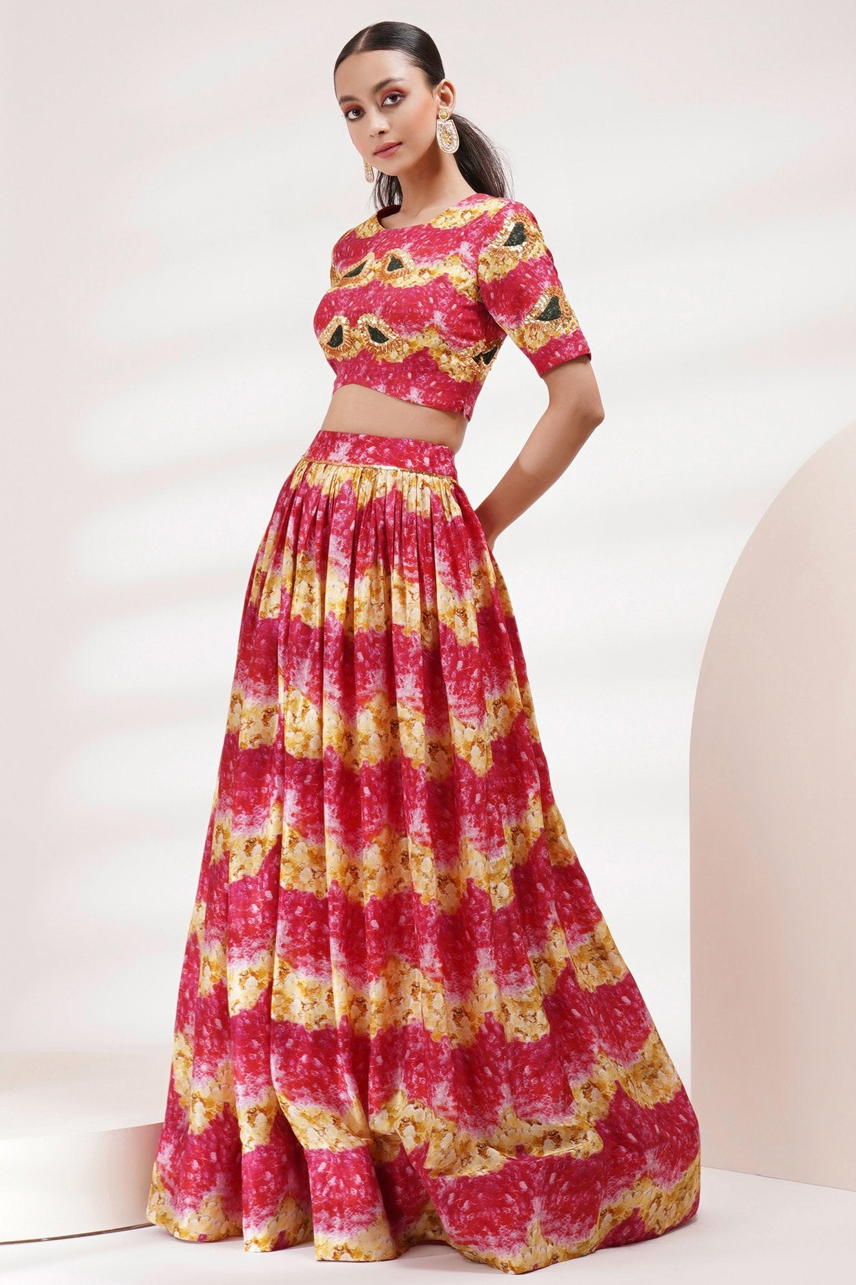 Round Neck Top Blouse Skirt Set.