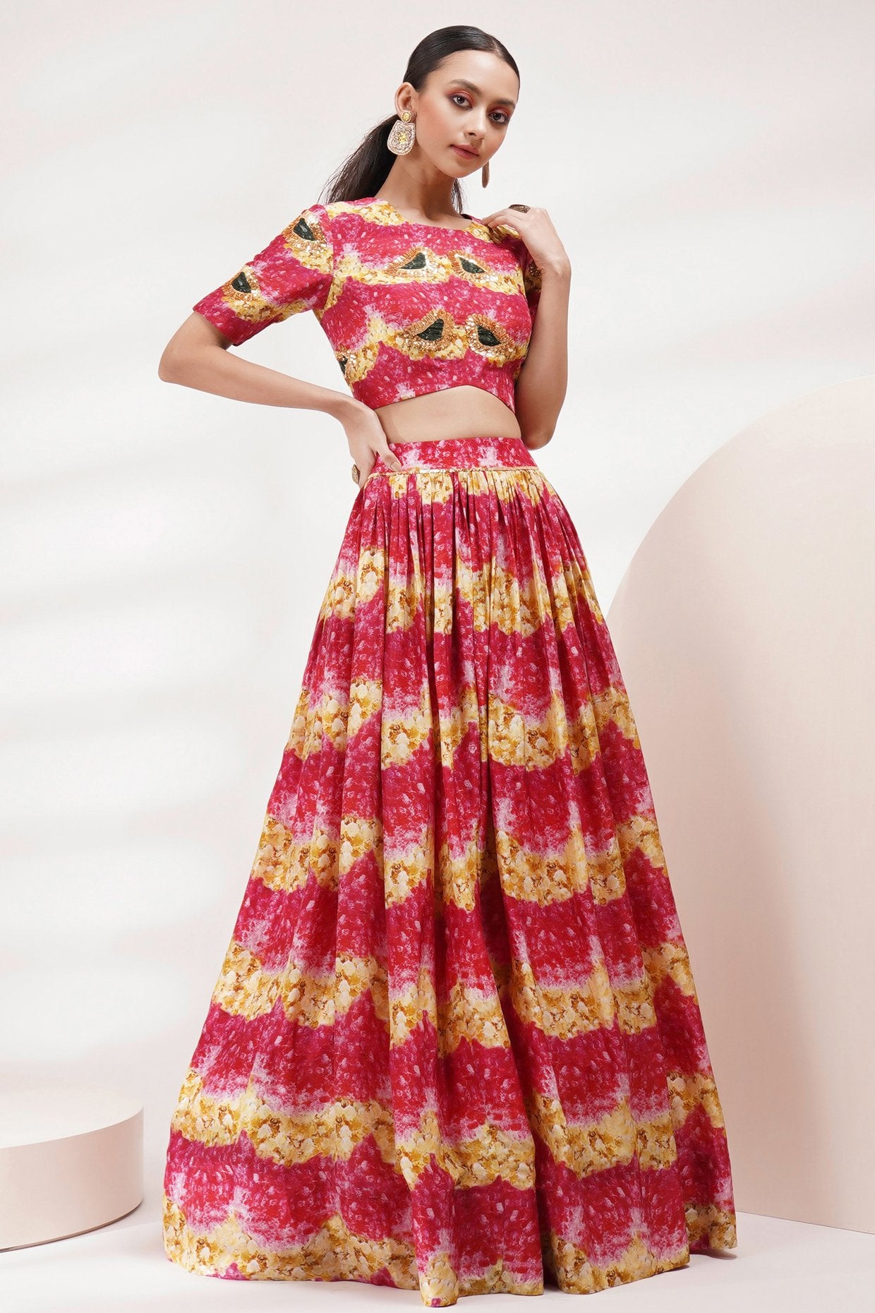 Round Neck Top Blouse Skirt Set.