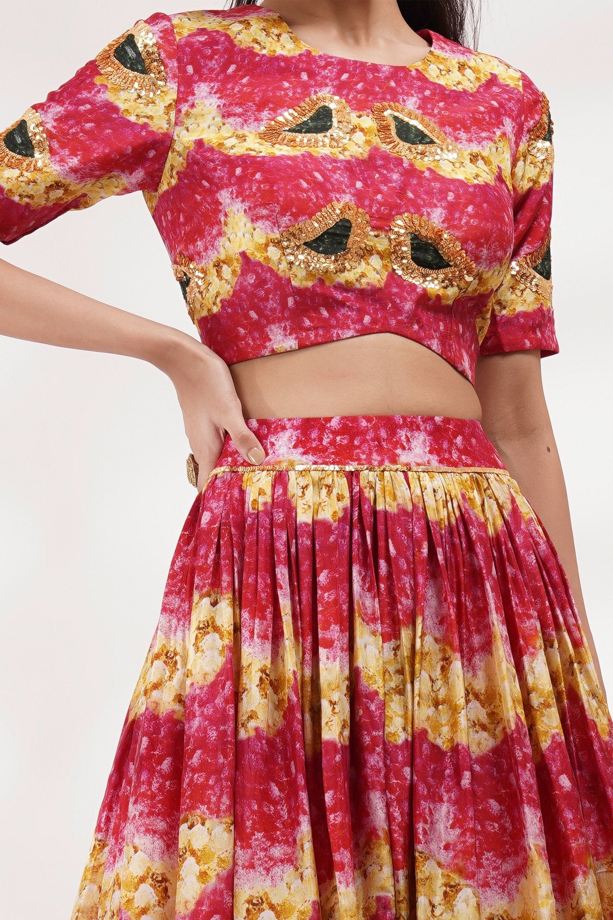 Round Neck Top Blouse Skirt Set.