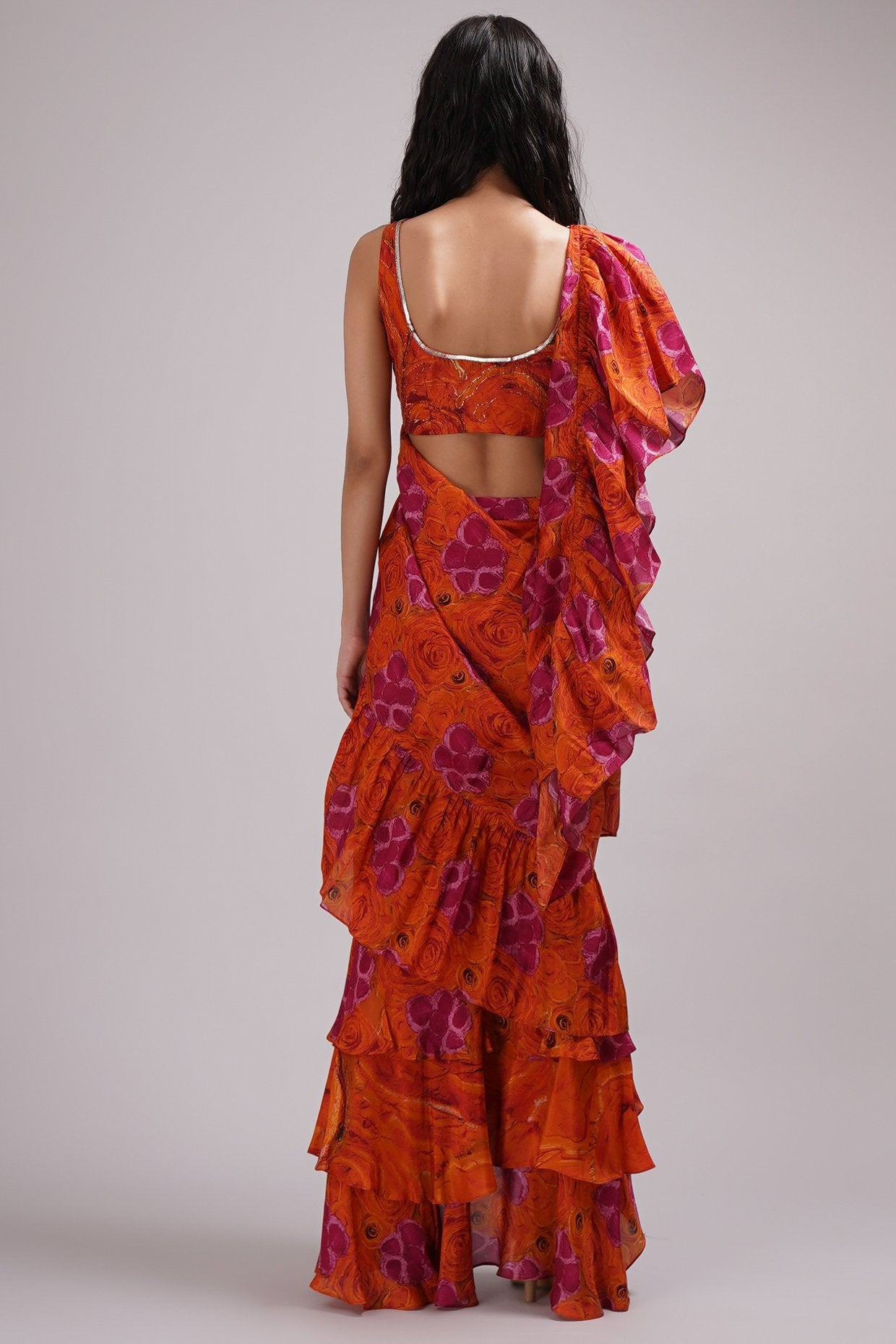 Deep Round Neck Blouse Ruffled Saree Set