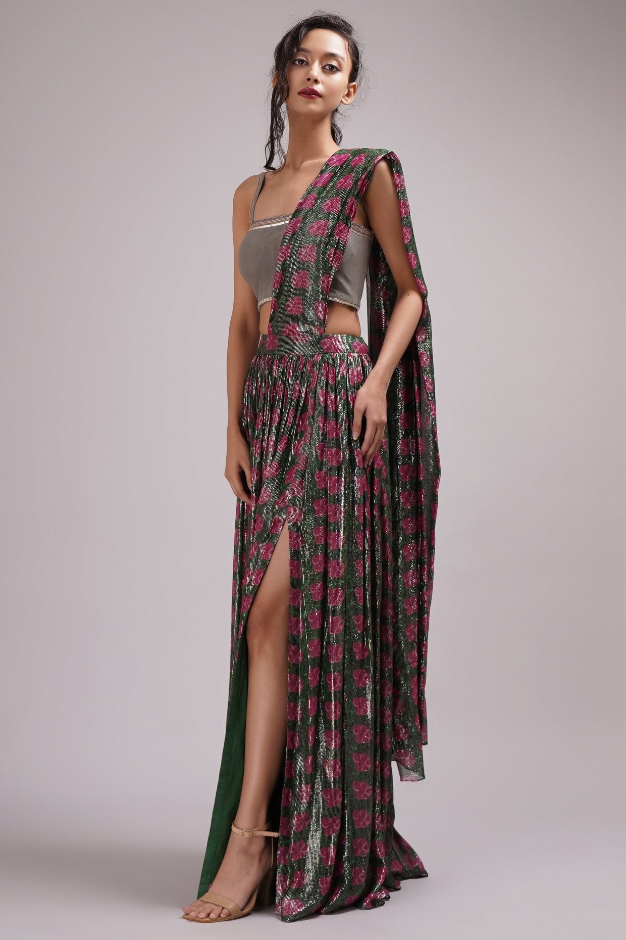 Fusion Style Square Neck Puffy Sleeved Side Slit Saree
