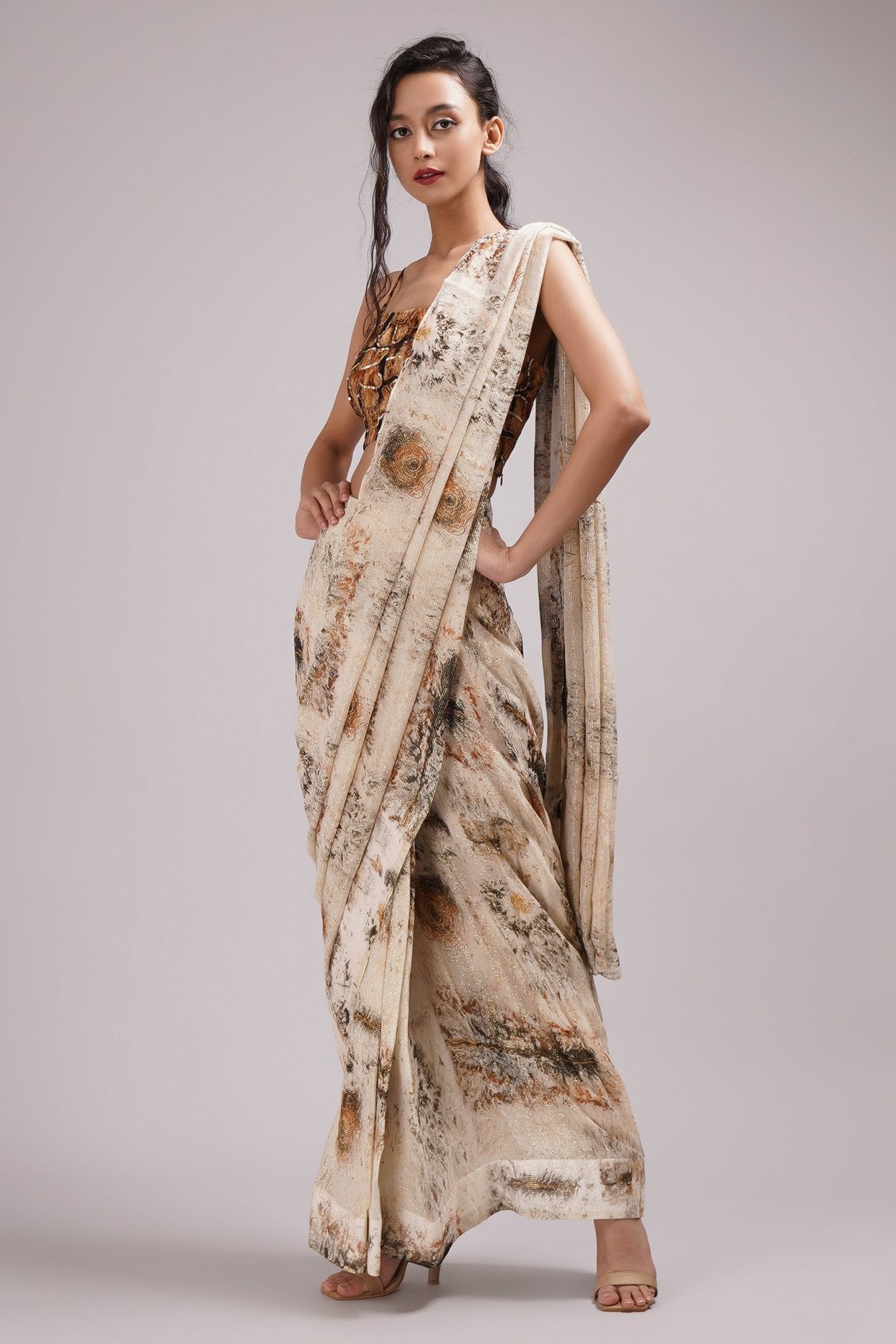 Square Neck Strapy Blouse Pre Draped Saree