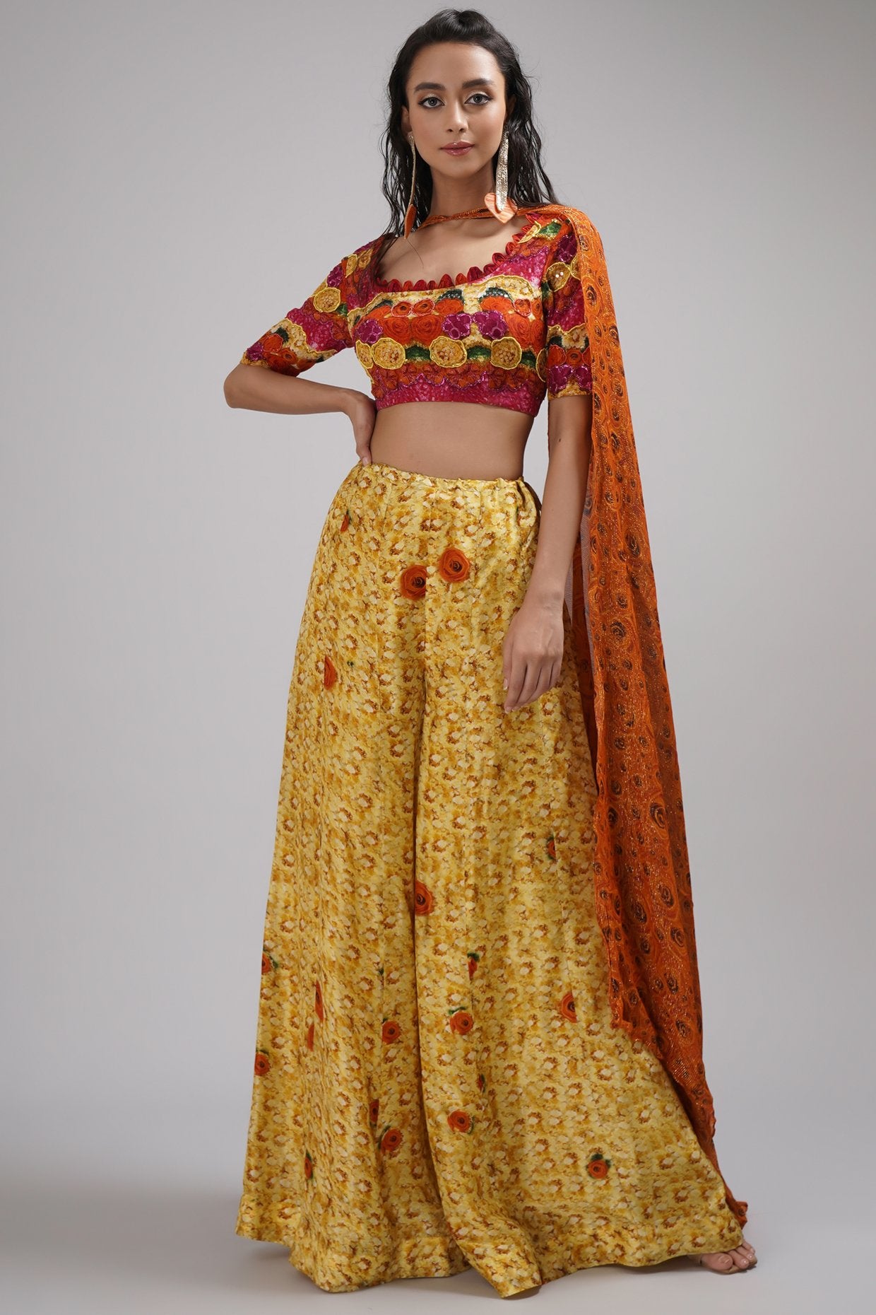Deep Round Neck Blouse Pallazo Sharara Set
