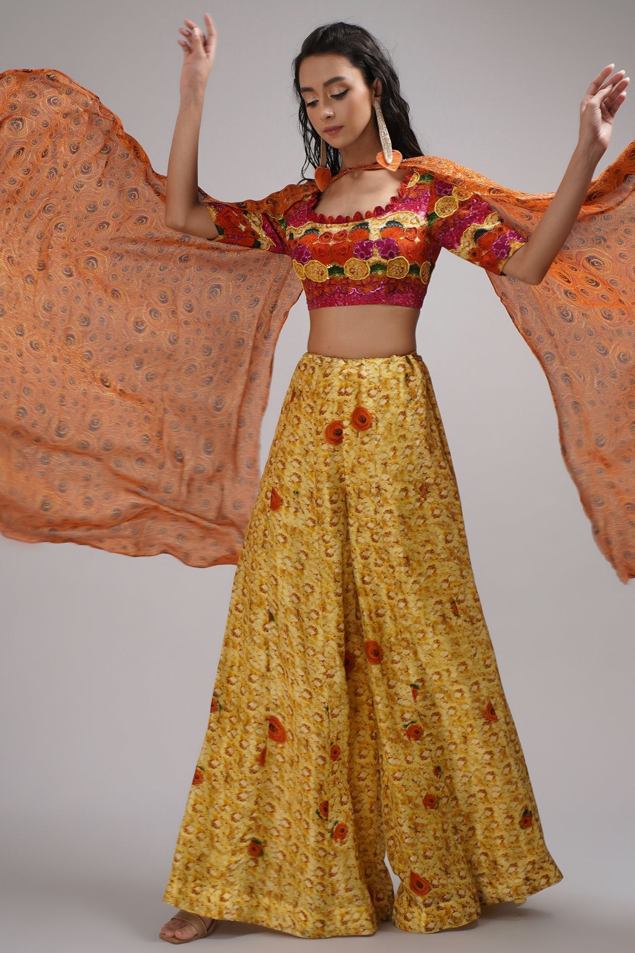 Deep Round Neck Blouse Pallazo Sharara Set