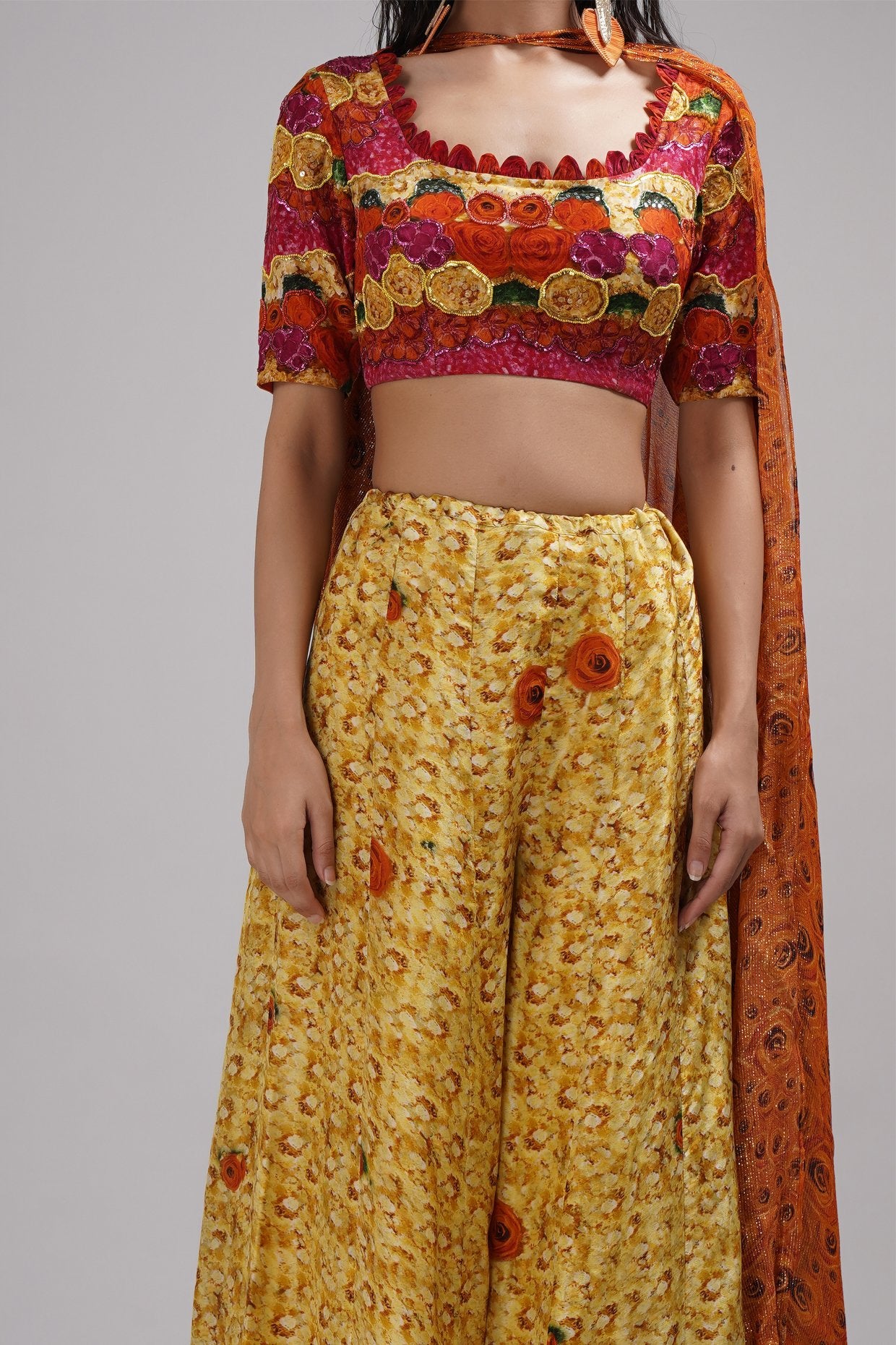 Deep Round Neck Blouse Pallazo Sharara Set